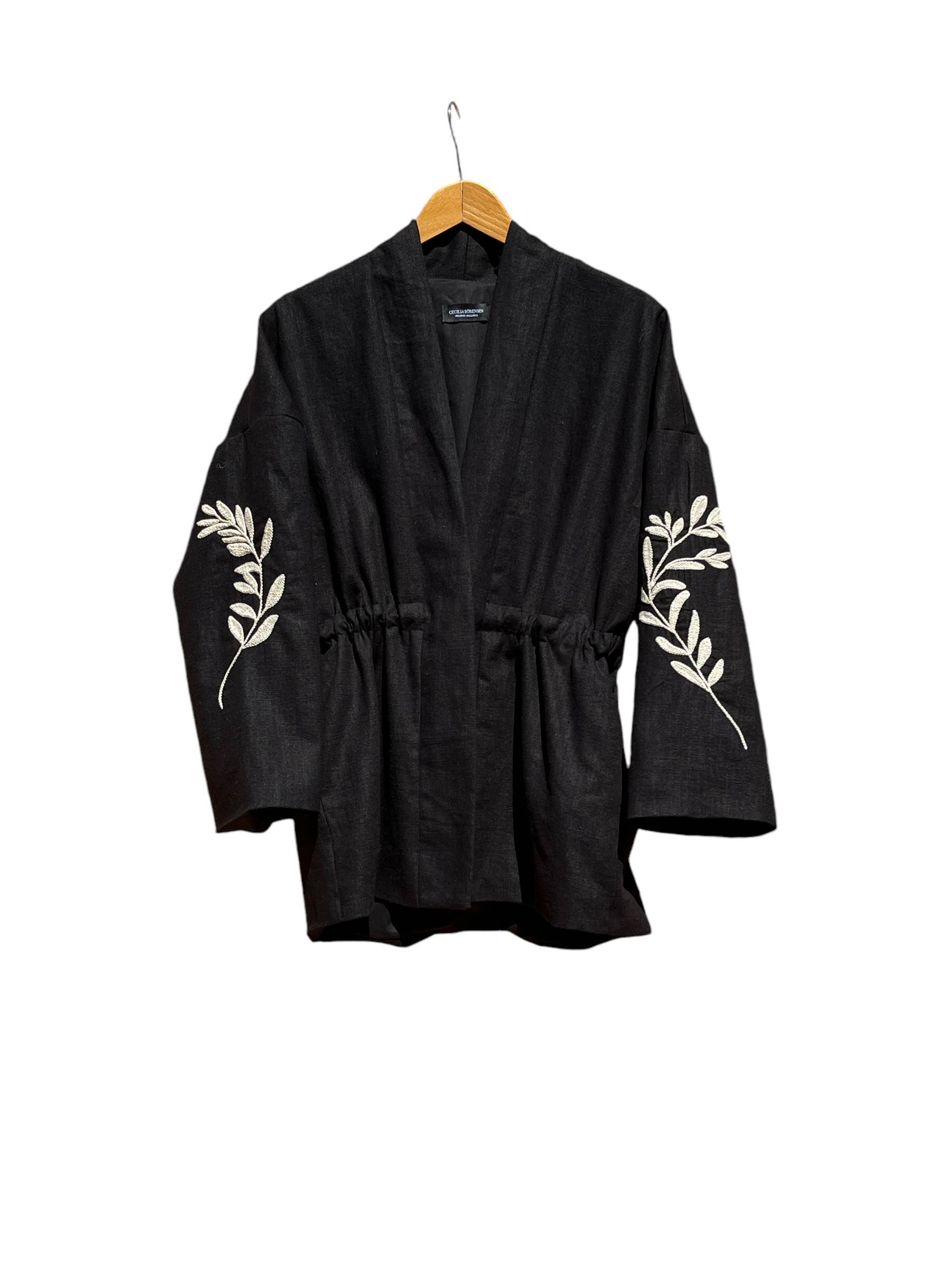 Nopal Jacket in Hand Embroidered Black Canvas Linen