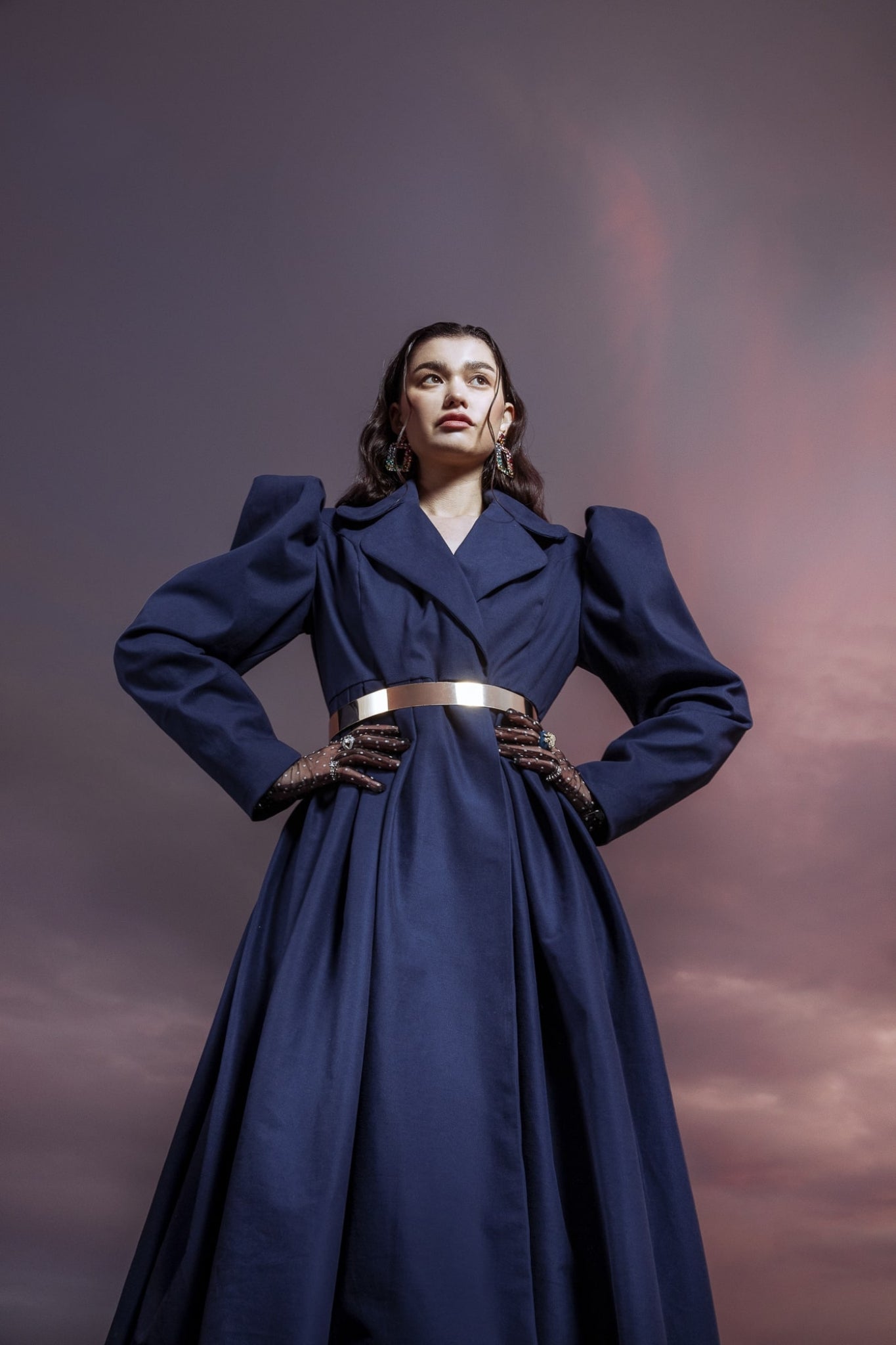 Dark Blue Puff Sleeve Overcoat
