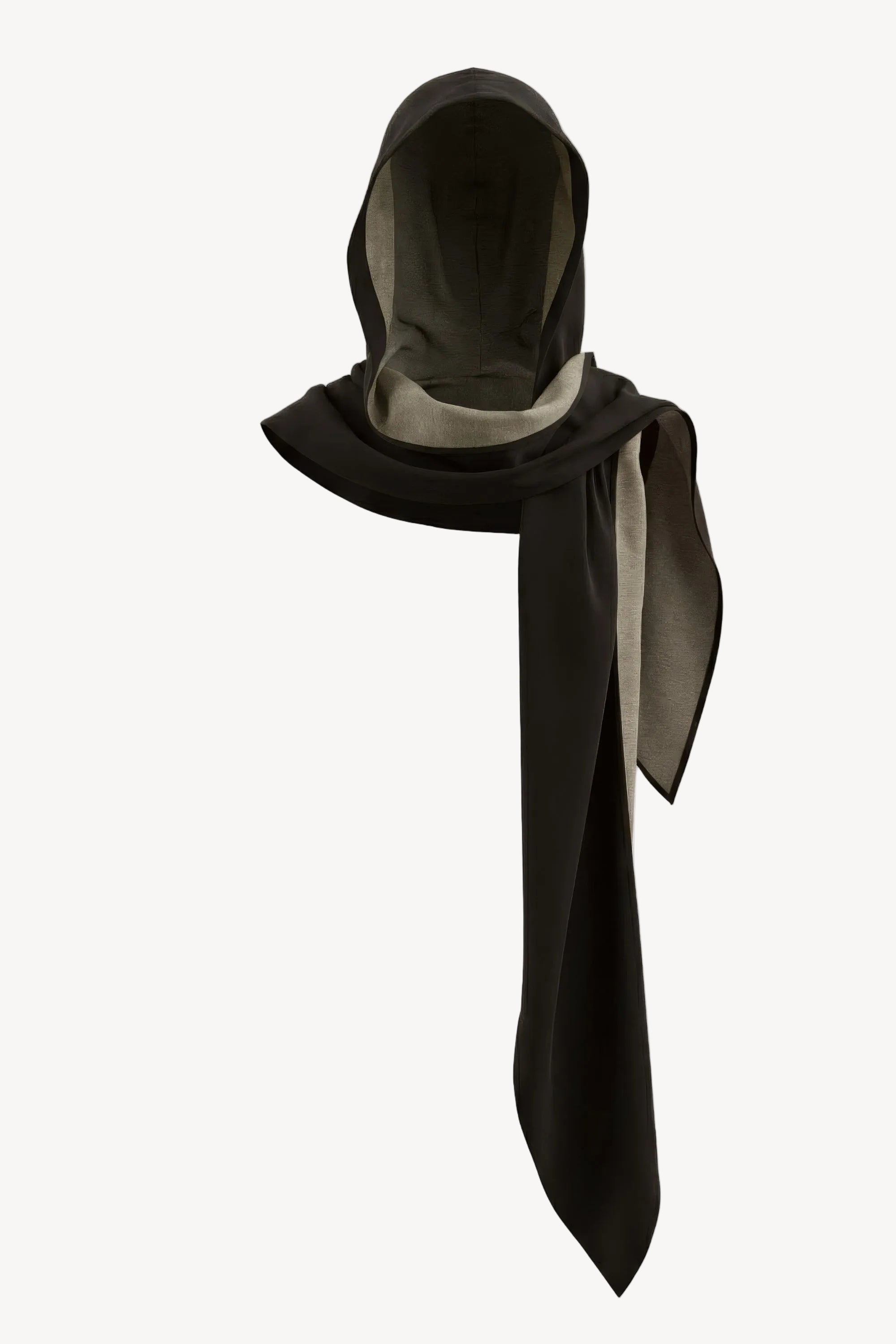 Black scarf draped over a white background