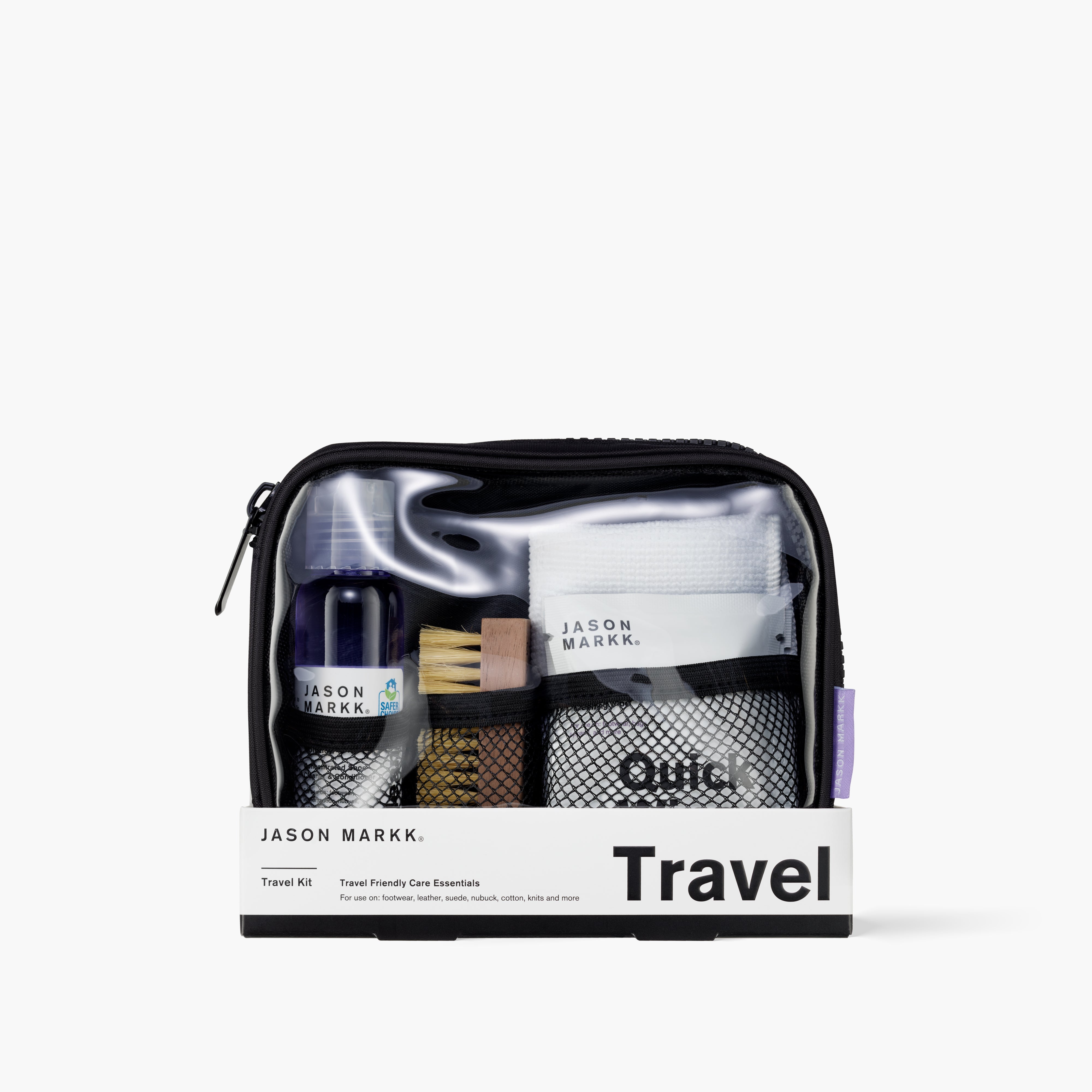 Jason Markk travel kit with various grooming products on a white background