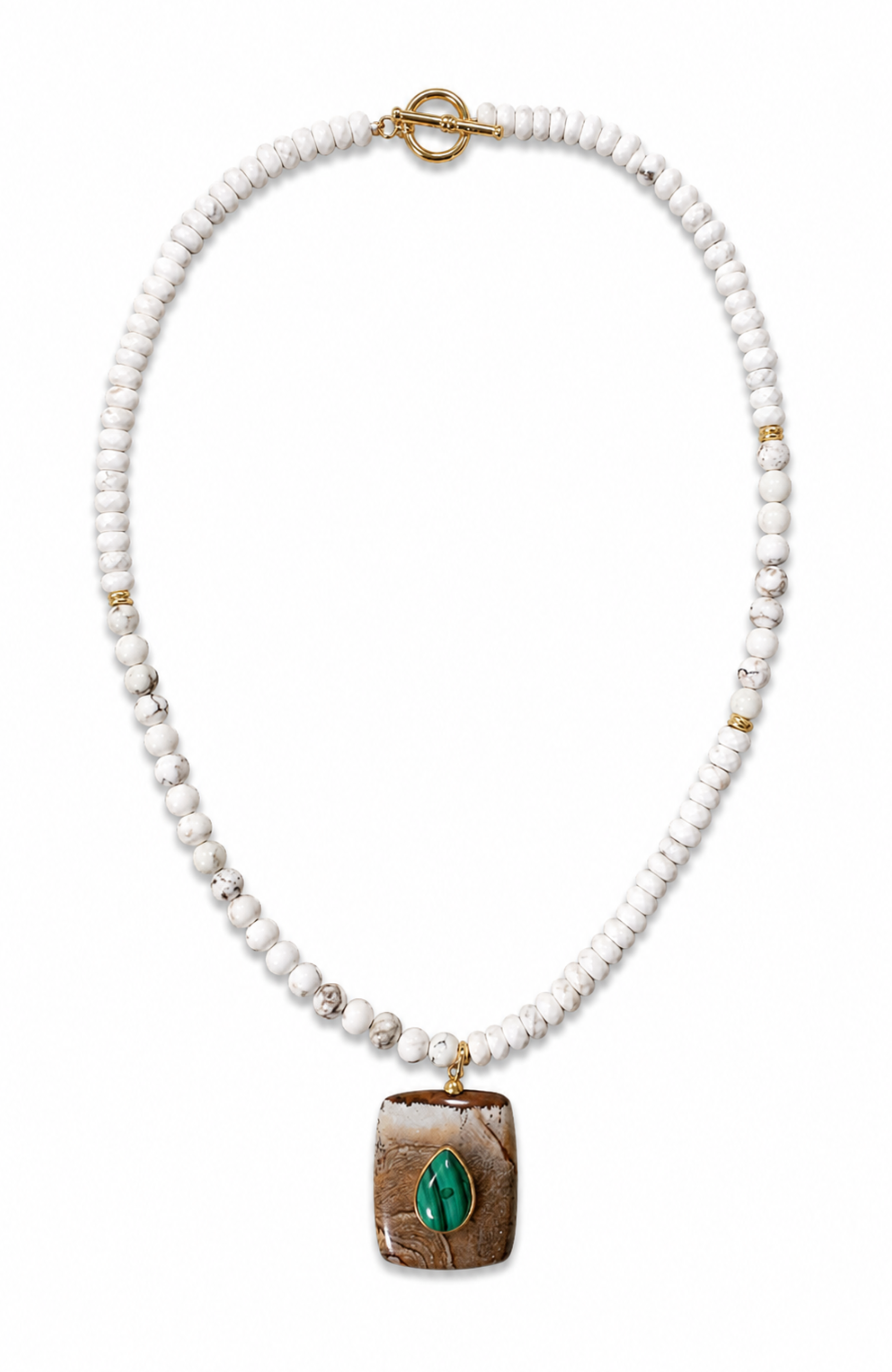 Necklace with white beads, gold clasp, and green pendant on a white background