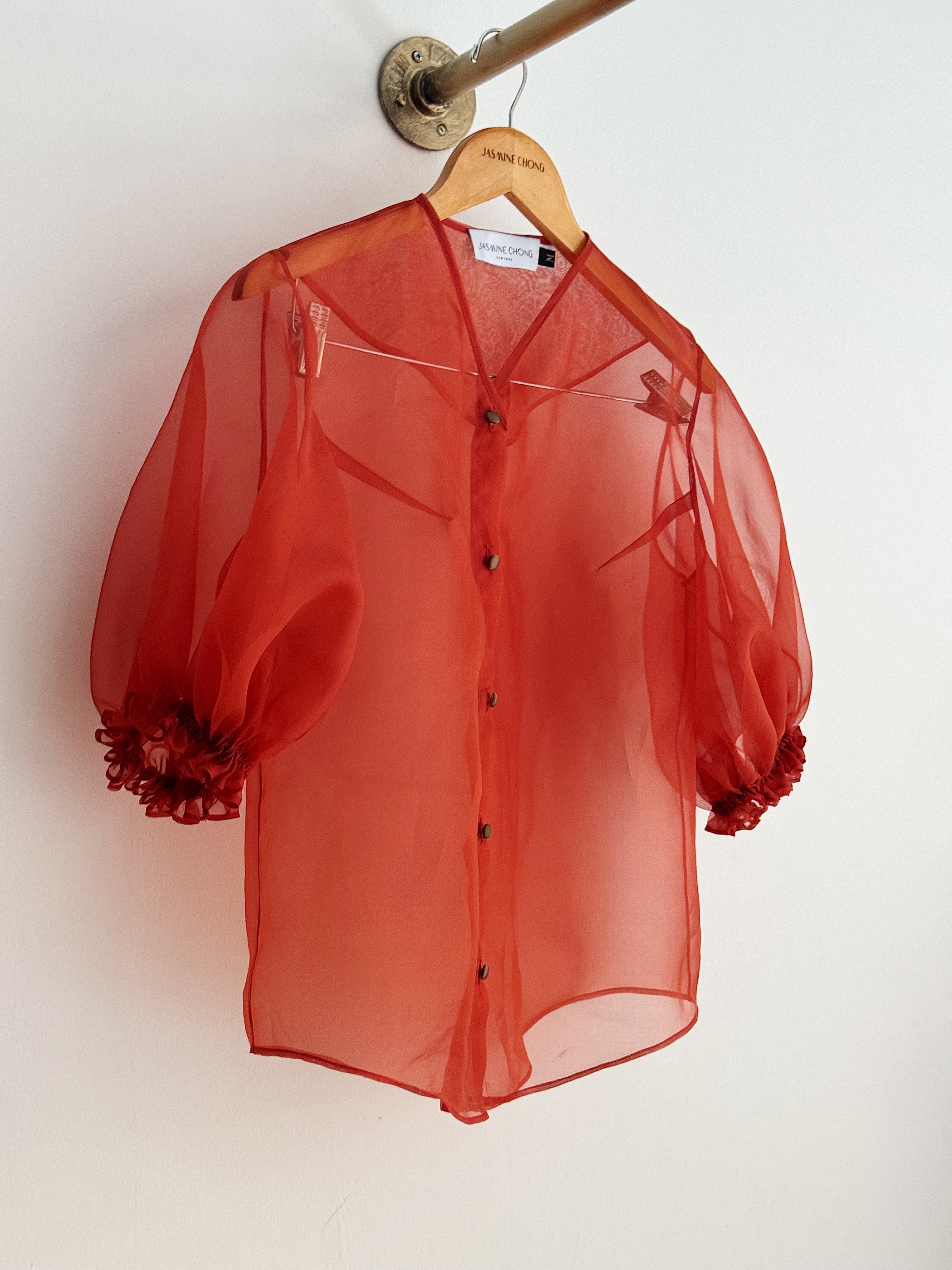 Red sheer blouse on a hanger against a white wall