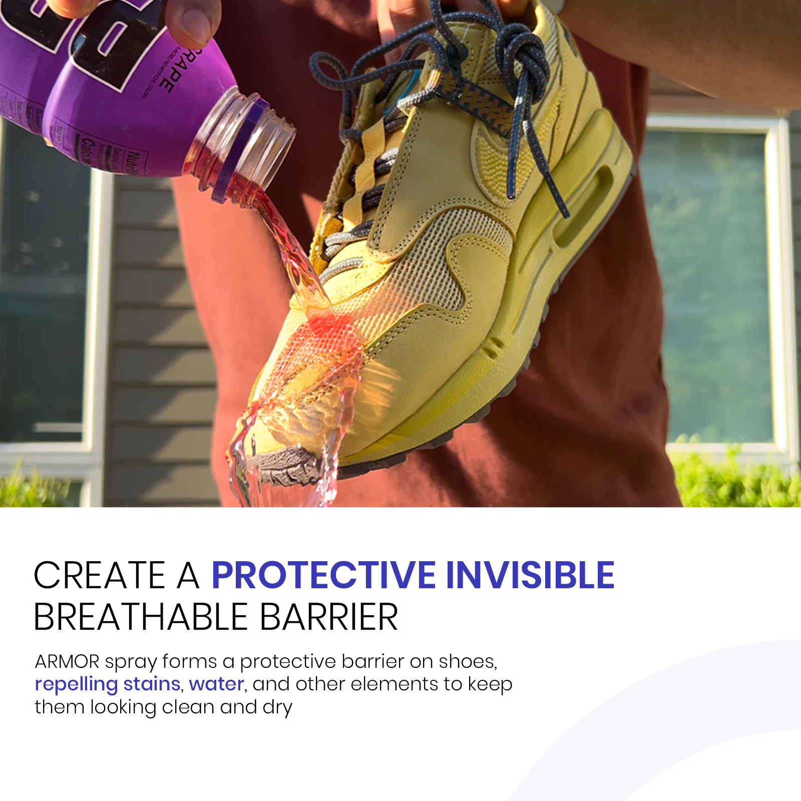 Person applying Armor spray to a yellow shoe with text about creating a protective invisible breathable barrier.