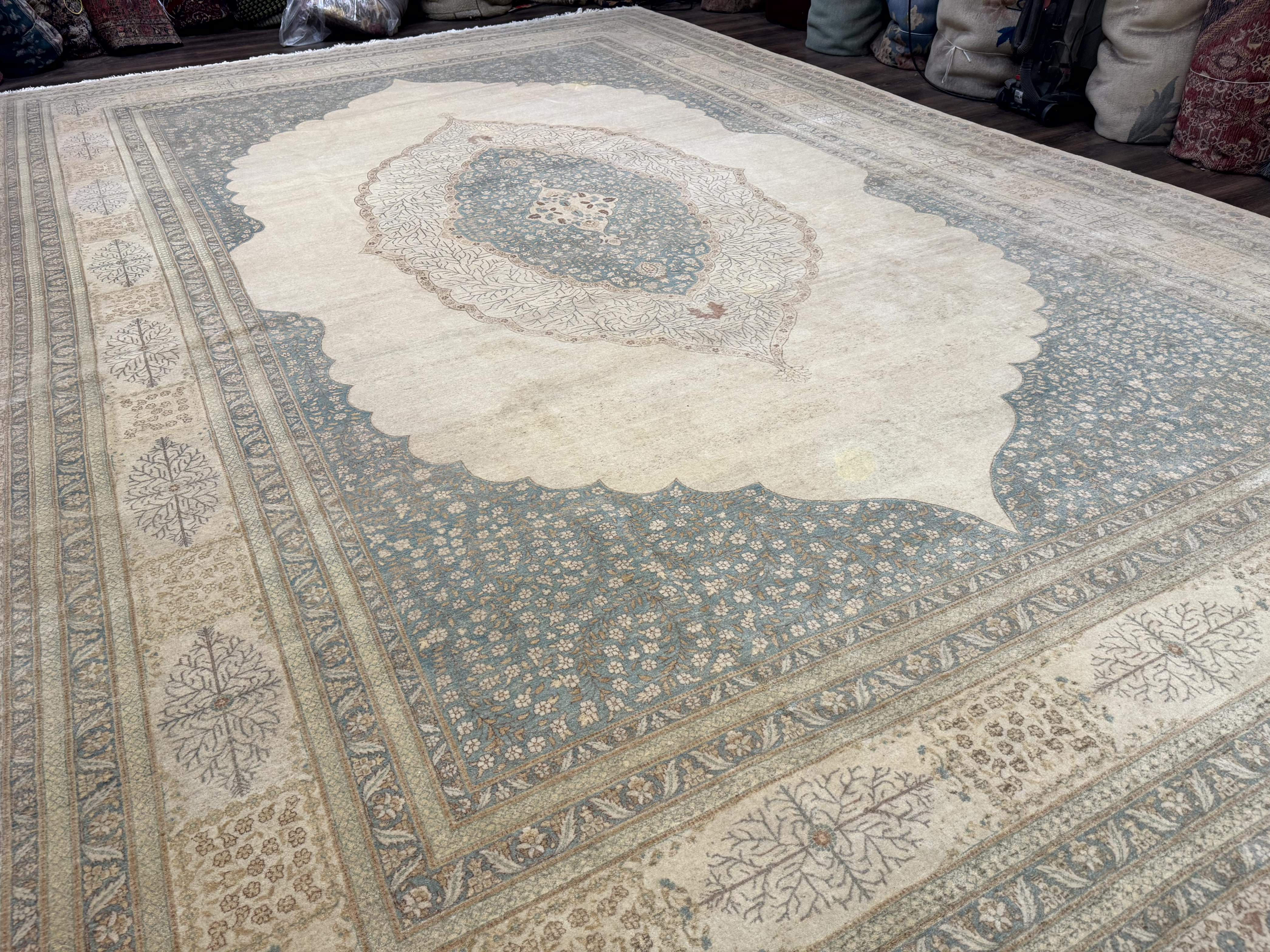 Palace Sized Pakistani Rug 12x18 | Haji Jalili Design, Oat and Light Blue | Fine 260 KPSI