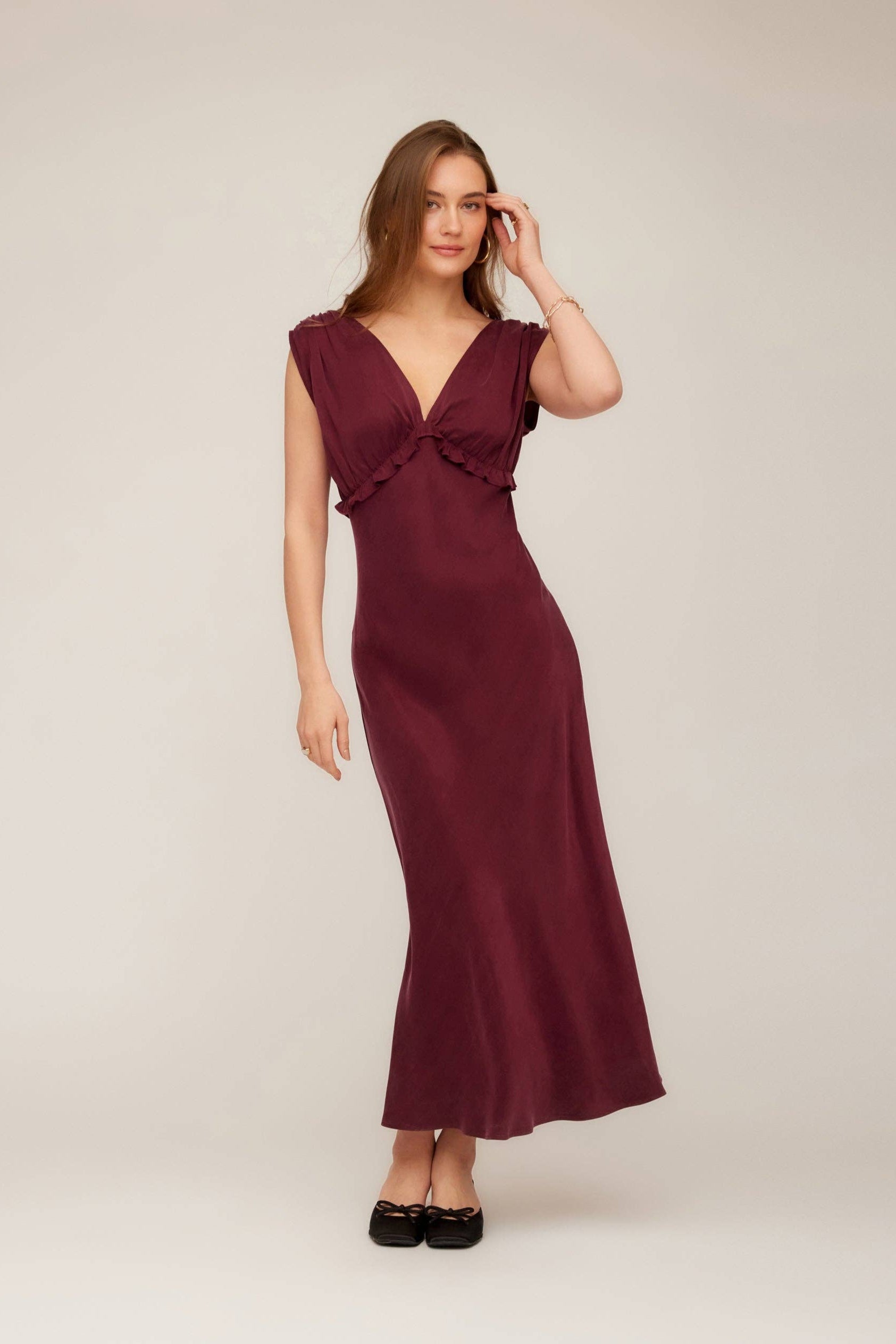 Cierra Ruffle Detail Midi Dress