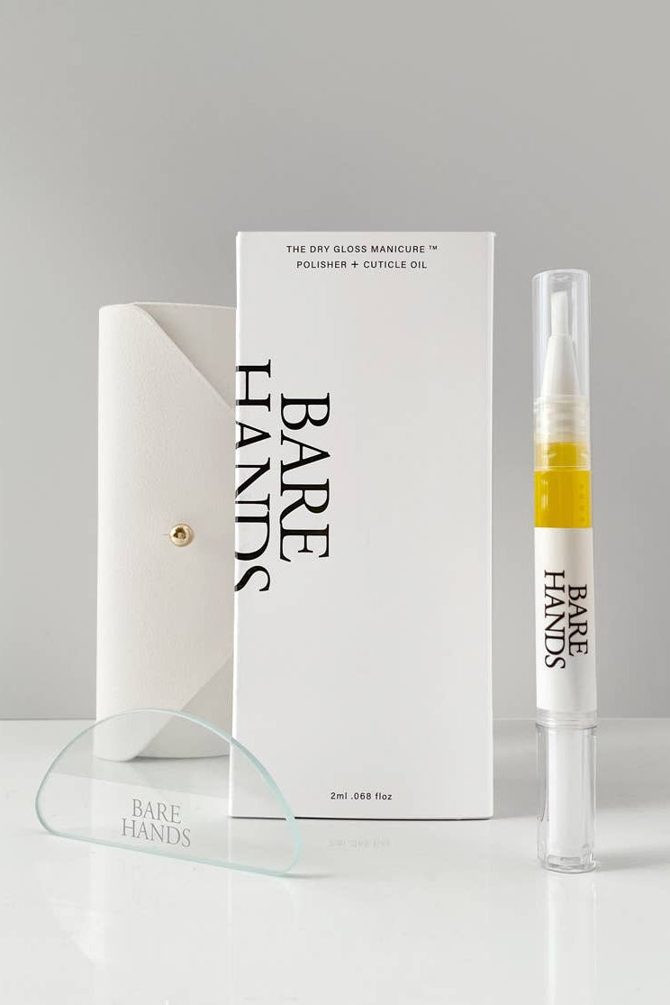 Bare Hands nail care product with packaging on a gray background
