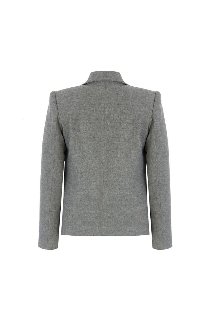 Back of a gray blazer on a white background