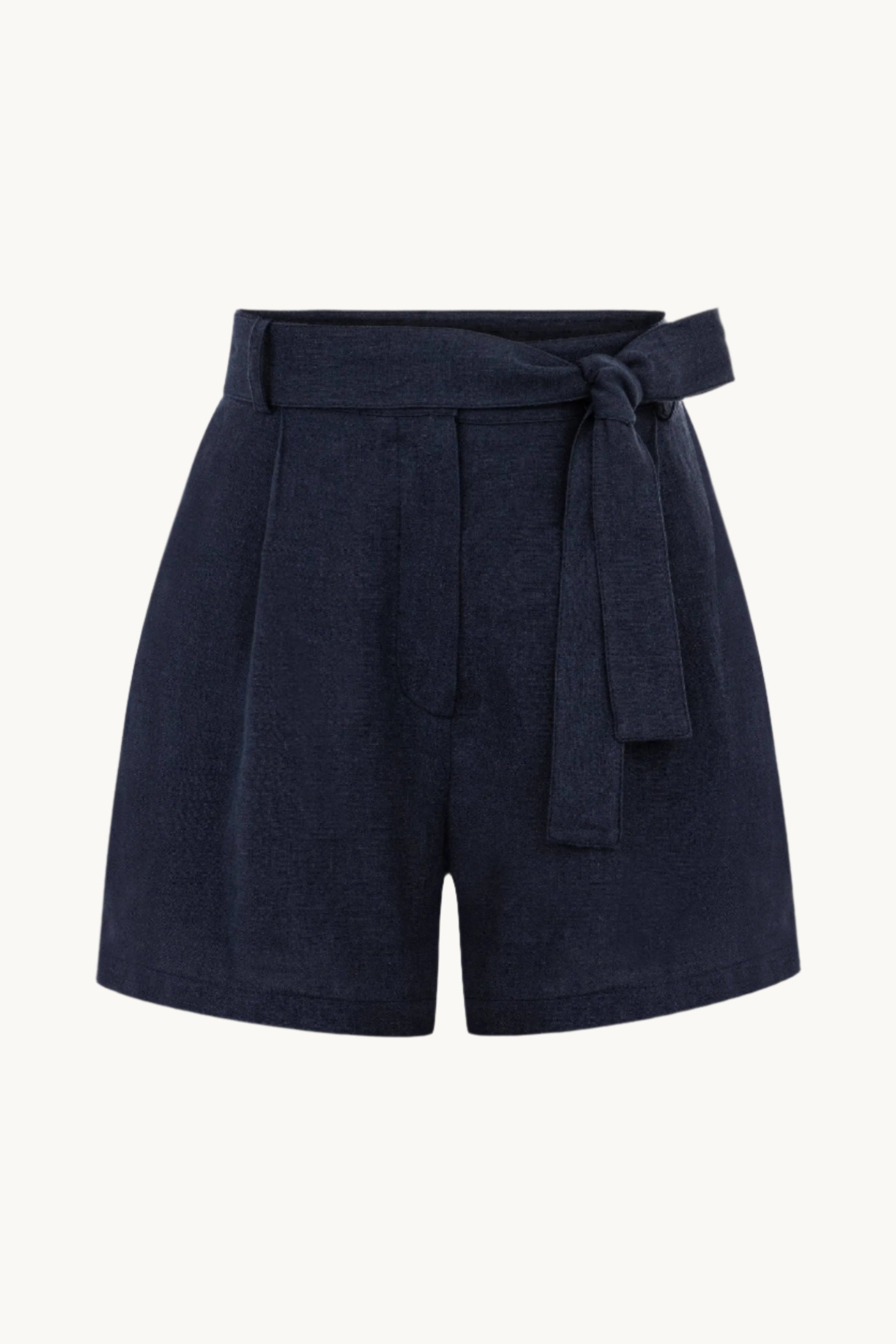 Navy blue shorts with a belt on a white background