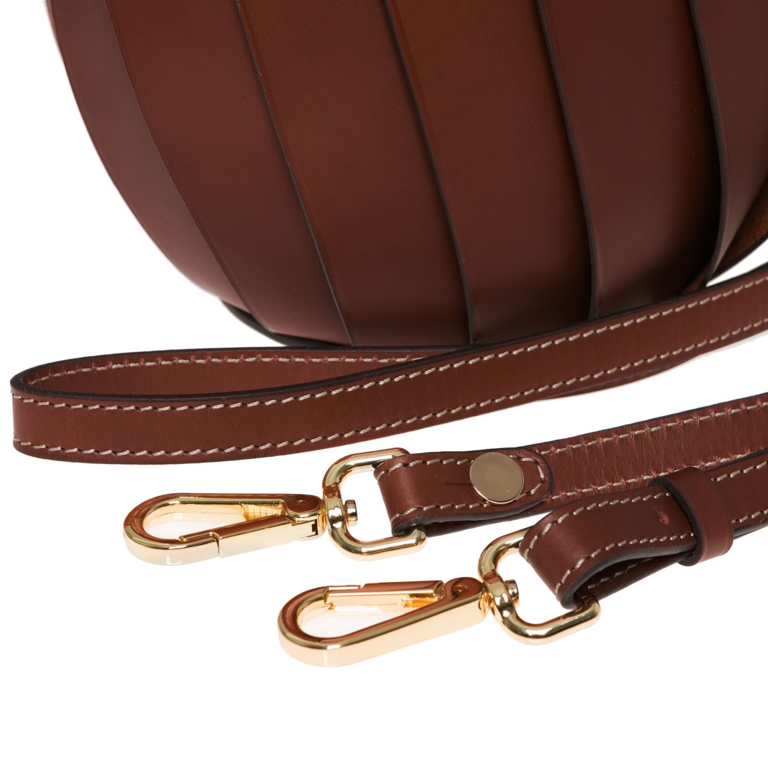 Brown leather bag with gold hardware on a white background