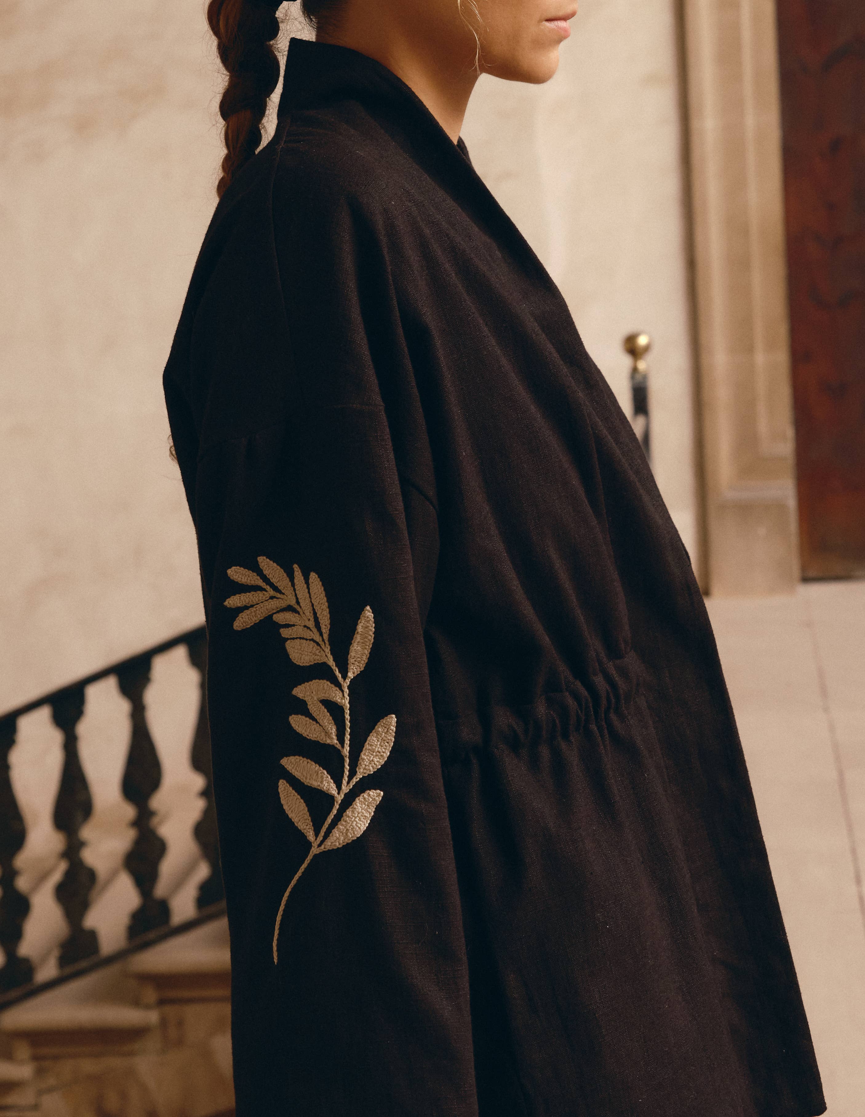 Nopal Jacket in Hand Embroidered Black Canvas Linen