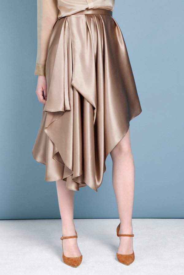 Danielle Draped Midi Silk Skirt in Champagne