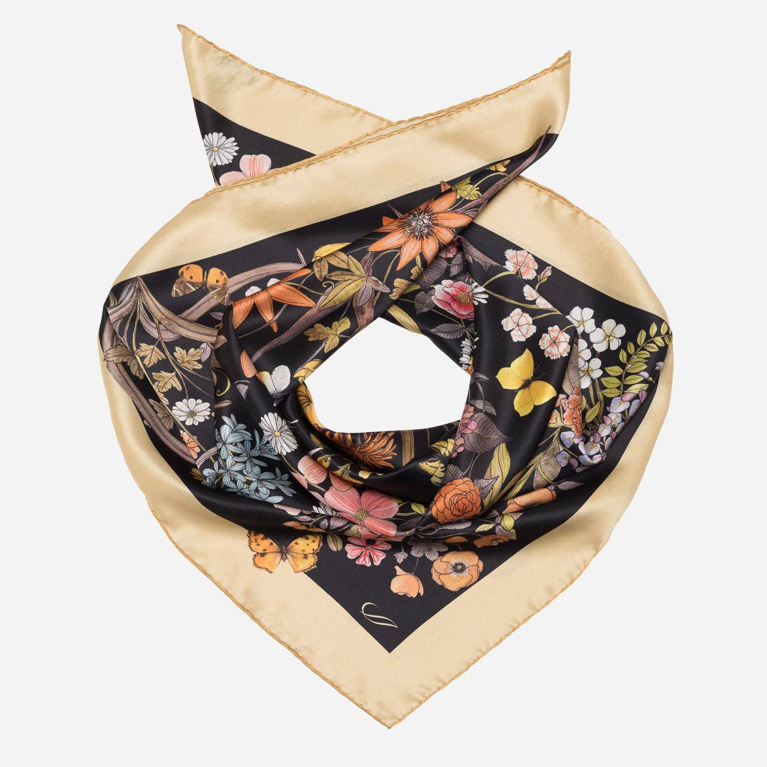 Floral patterned scarf with beige border on a white background