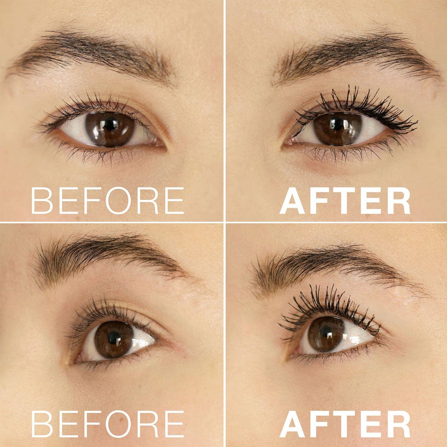 Before and after comparison of eyelash extensions on a person's eyes.