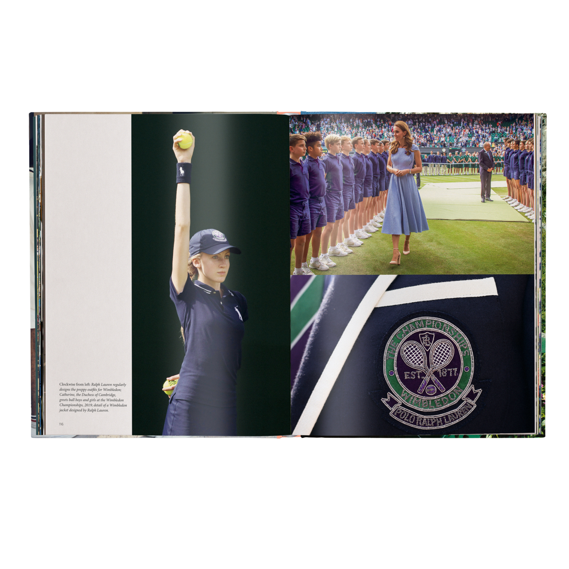 Book or magazine open to a page with images of a tennis player and a crowd at Wimbledon.