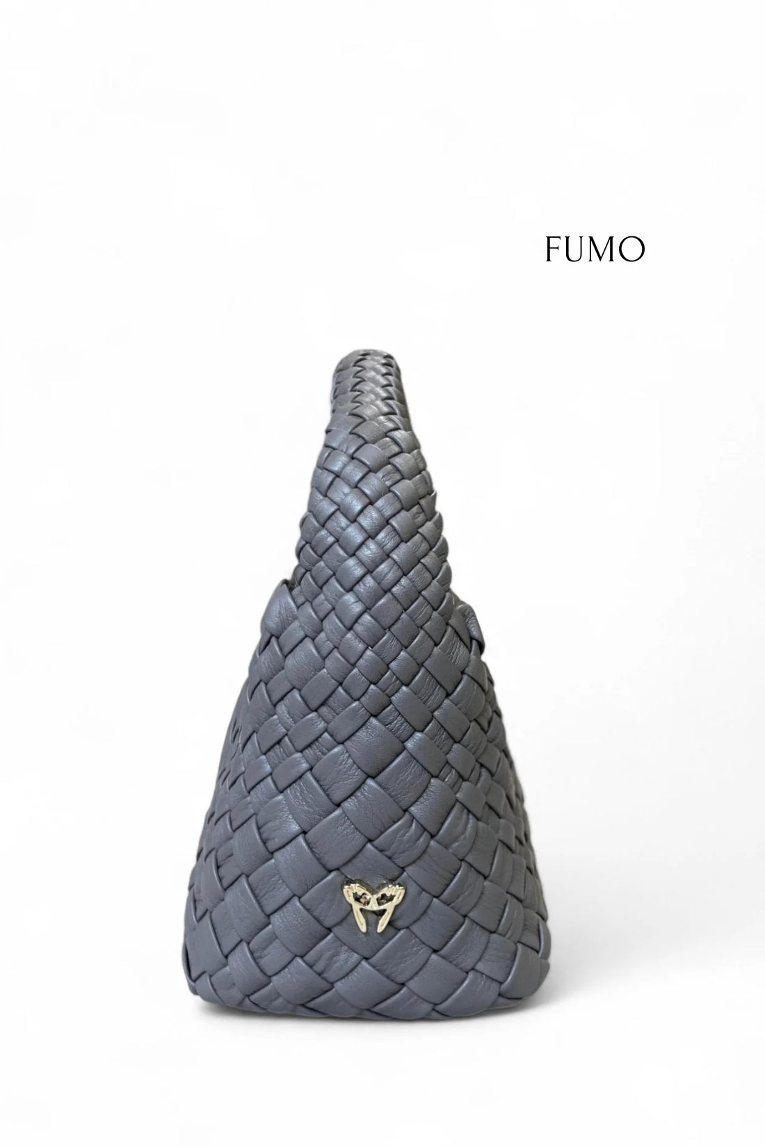 Gray woven handbag with a brand logo on a white background