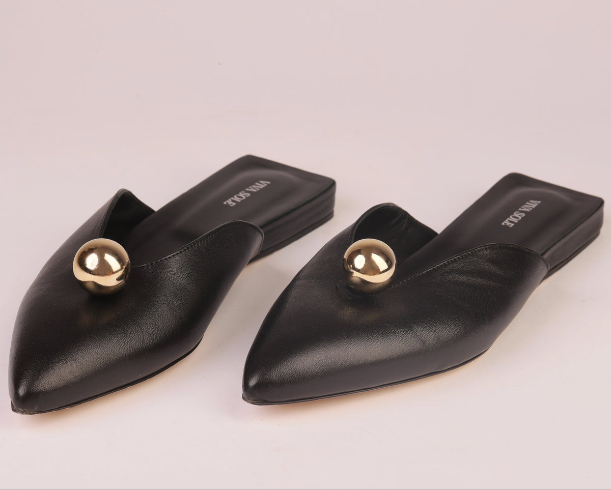 Aurora Slide | Black Nappa Slipper with Sculptural Sphere Detail