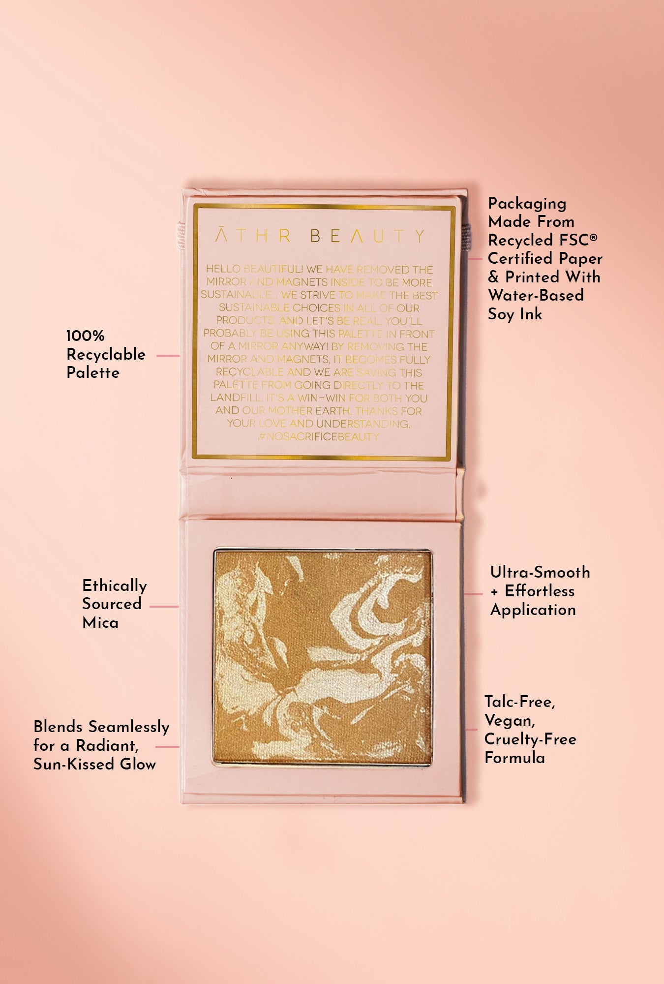 Open makeup palette with gold product on a pink background, featuring text about sustainability and product features.