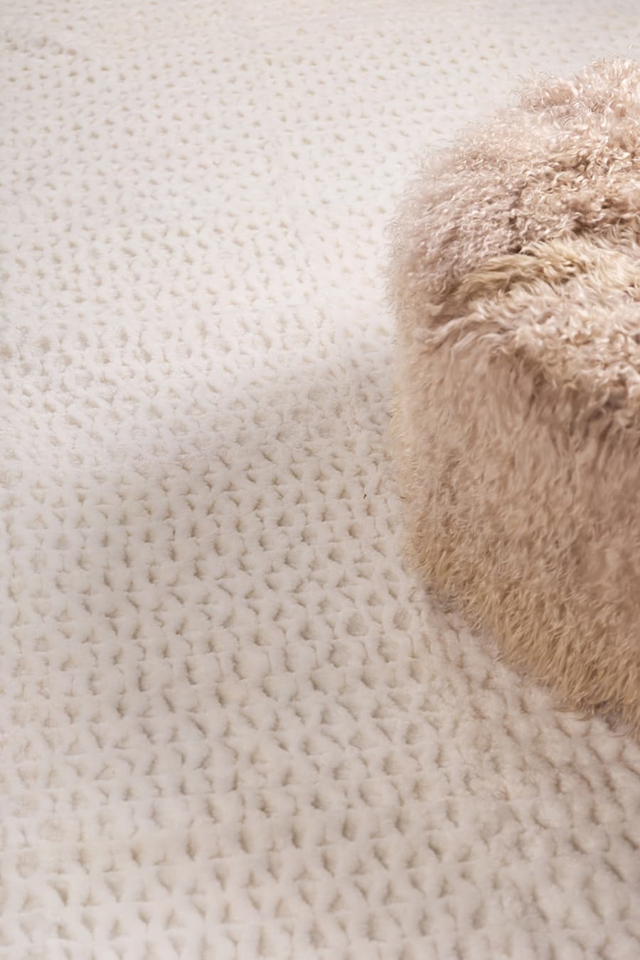 Close-up of a textured beige rug with a fluffy corner.