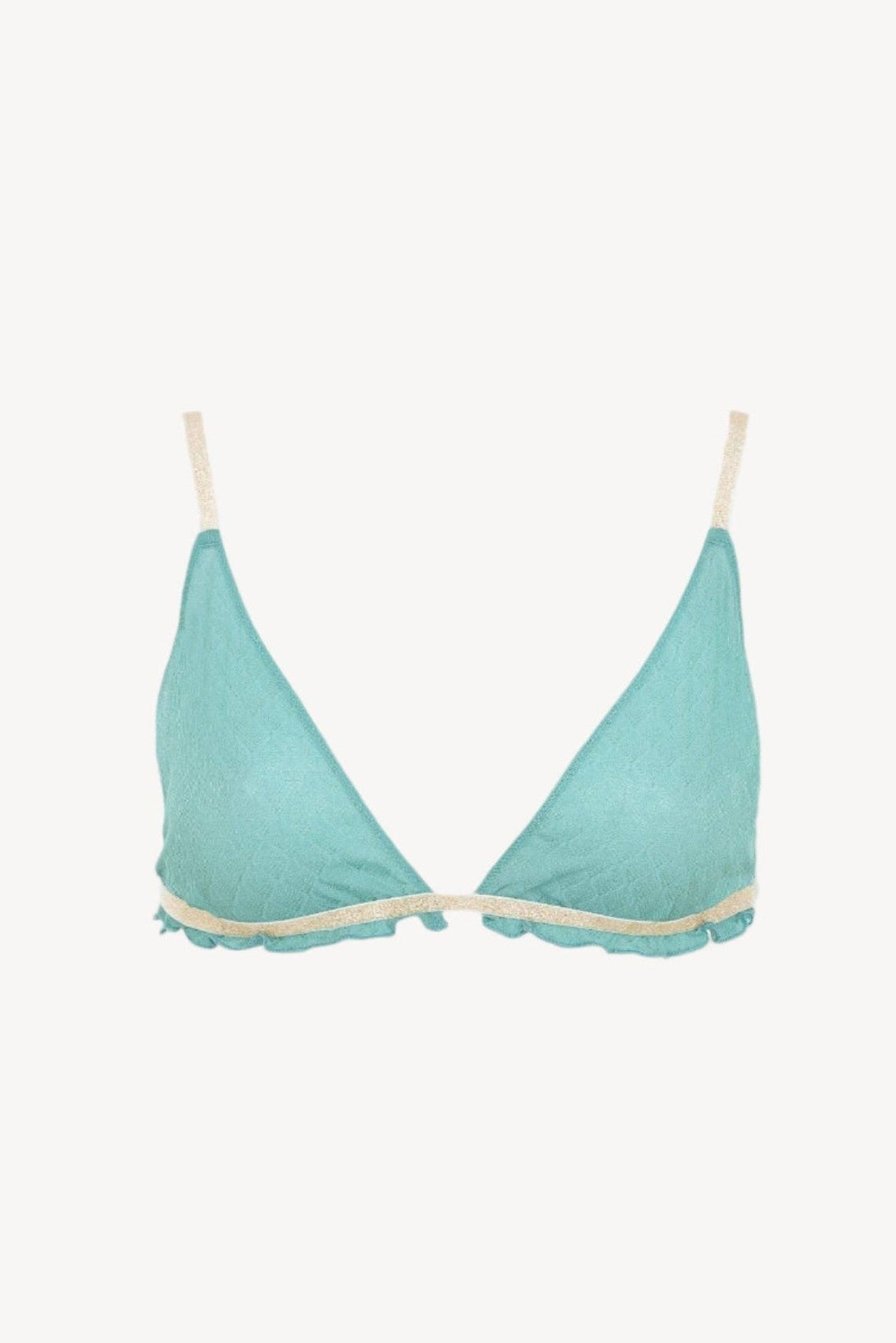 Teal bikini top with beige trim on a white background
