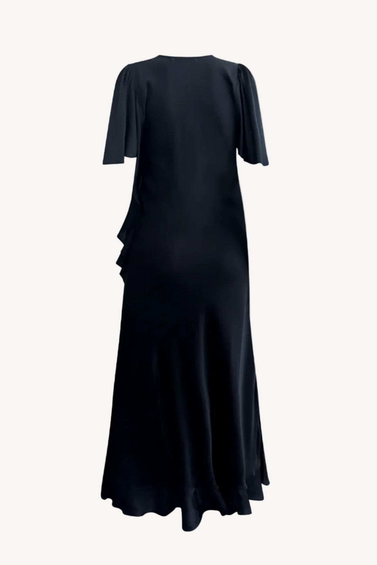 A black midi-length silk dress with short flutter sleeves, a round neckline, and a draped ruffle detail along one side, shown against a light gray studio background.