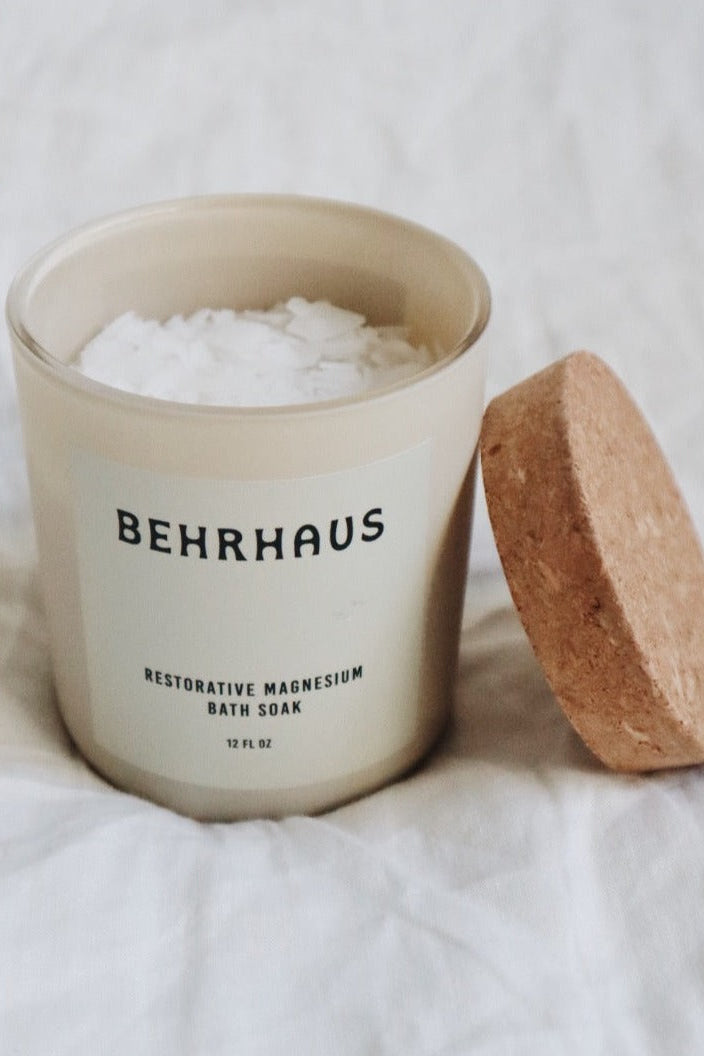 Bath soak container with cork lid labeled 'BEHRHAUS' on a white background