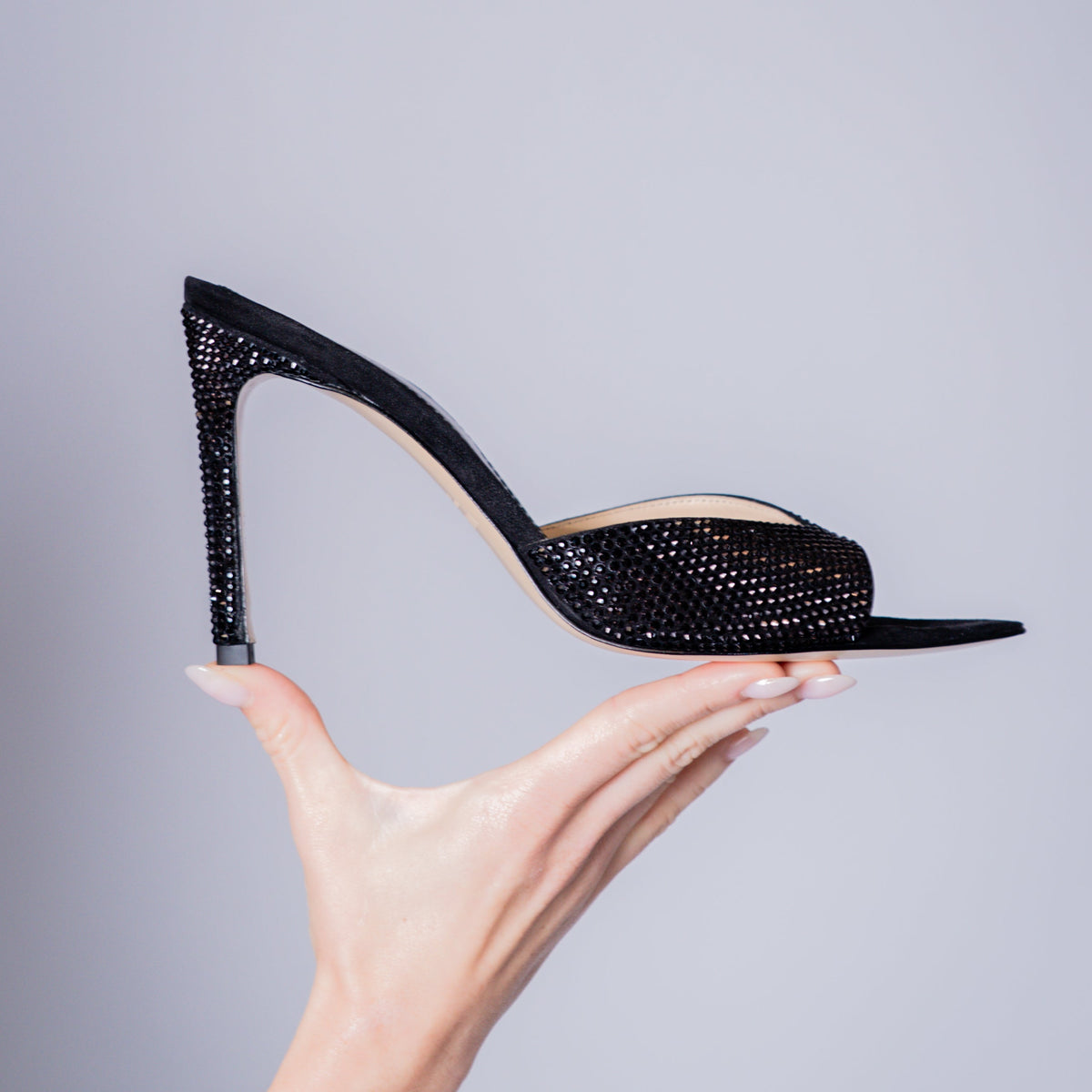 Noir Allure Mule | Black Suede Mule with Italian Rhinestones