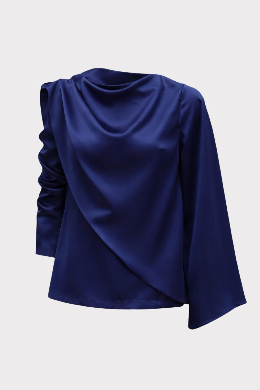 Draped Satin Blouse With Asymmetrical Sleeve | Navy