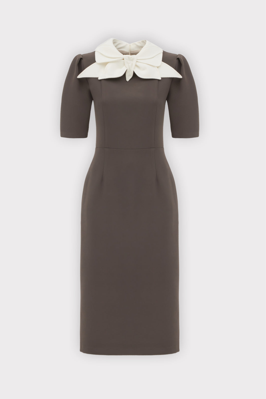 Elegant Midi Dress With Contrast Bow Collar | Taupe