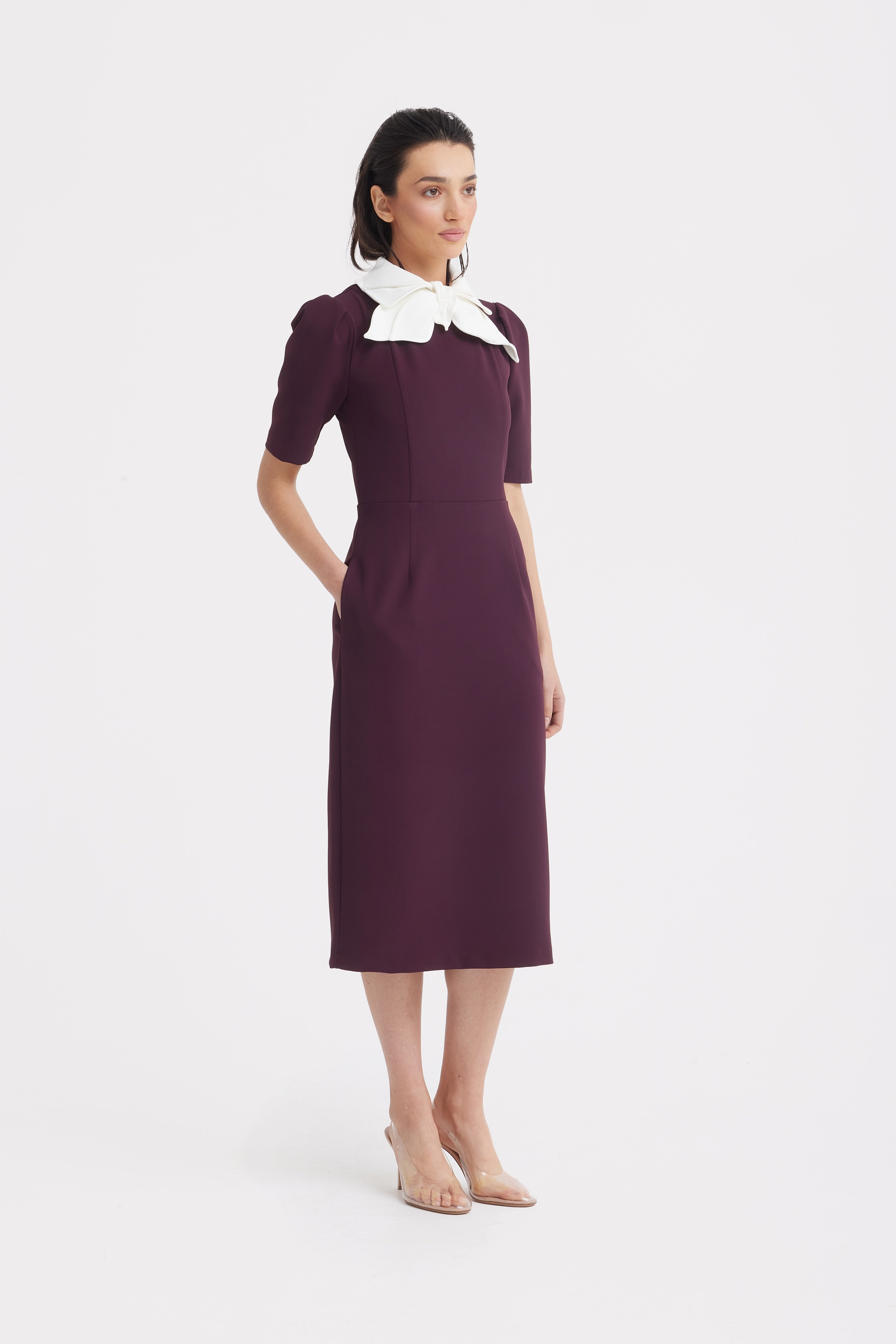 Elegant Midi Dress With Contrast Bow Collar | Burgundy