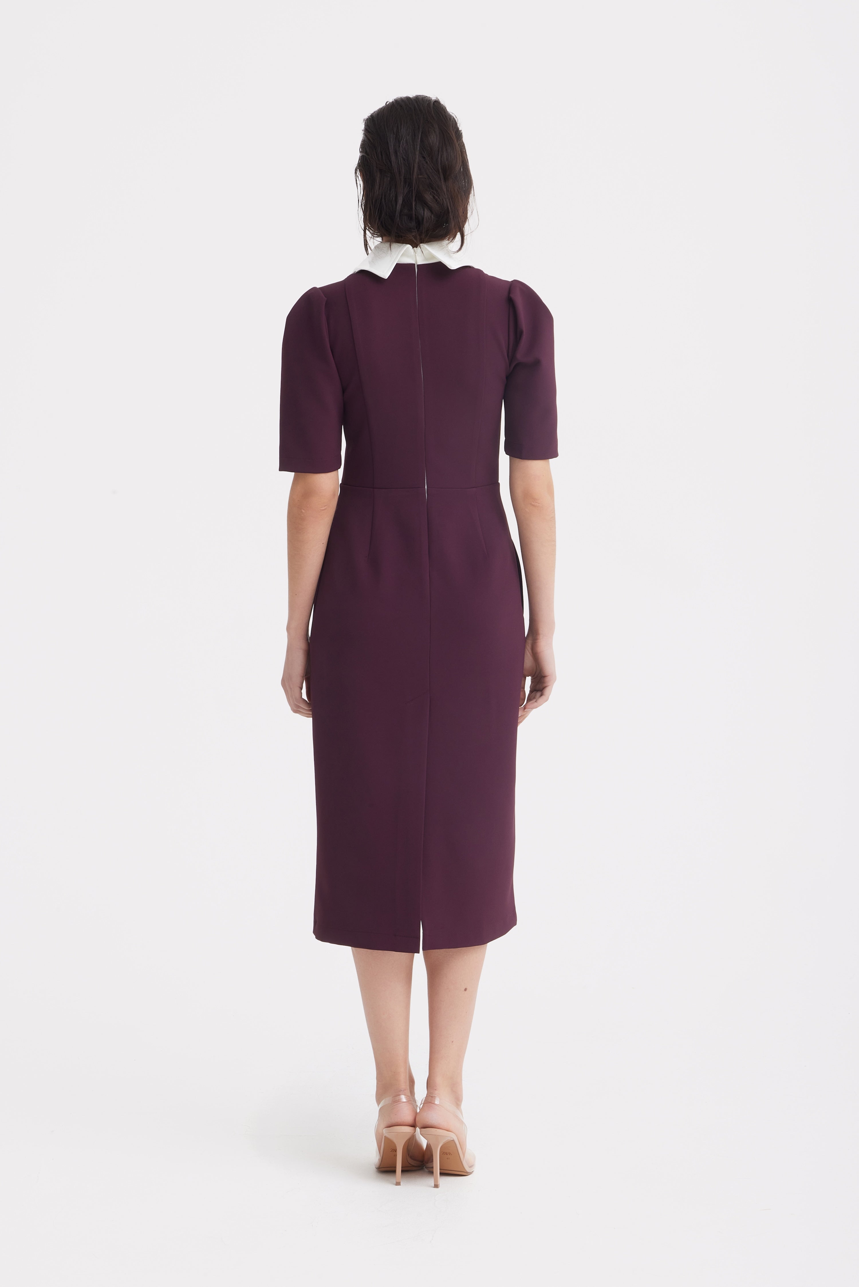 Elegant Midi Dress With Contrast Bow Collar | Burgundy