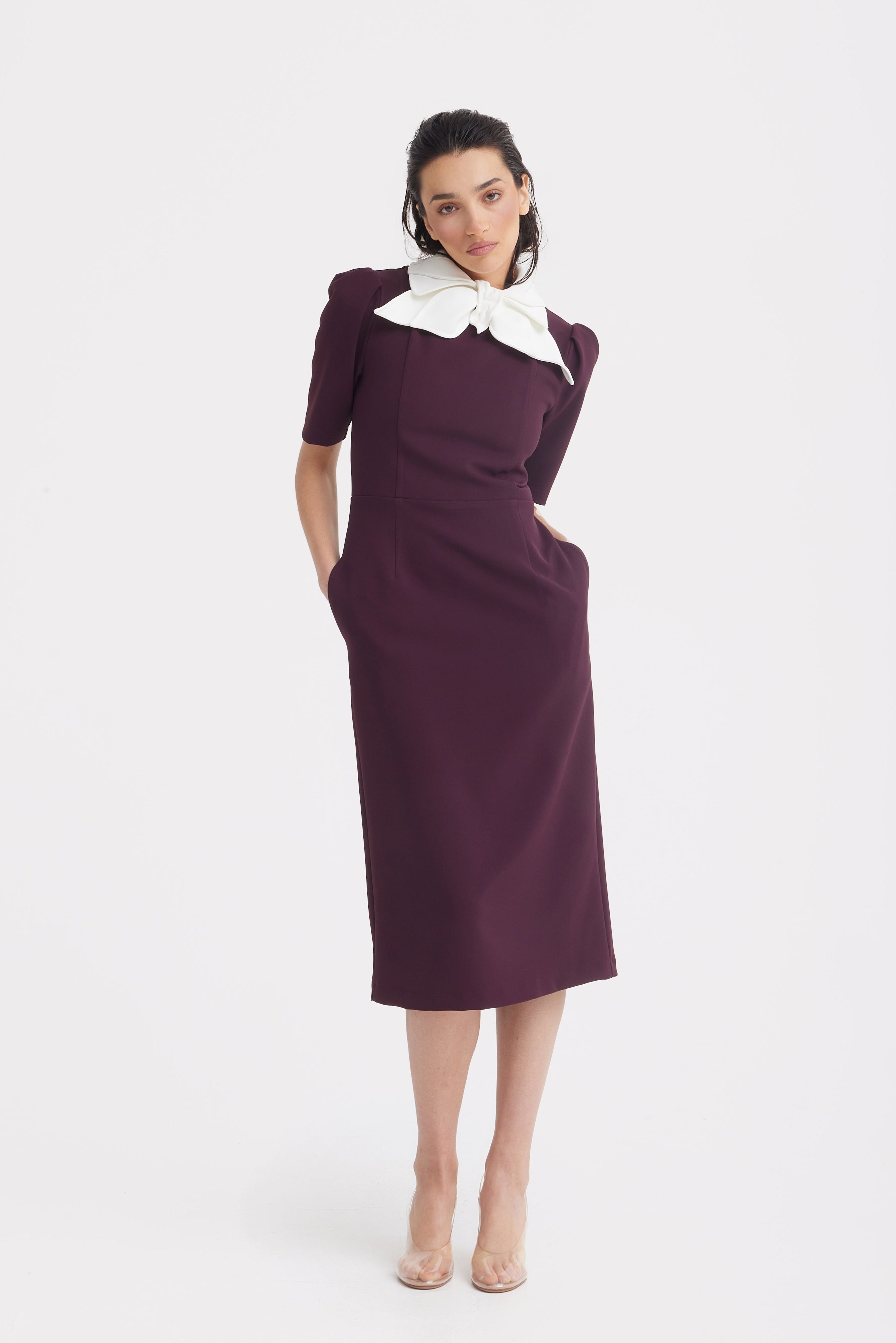 Elegant Midi Dress With Contrast Bow Collar | Burgundy