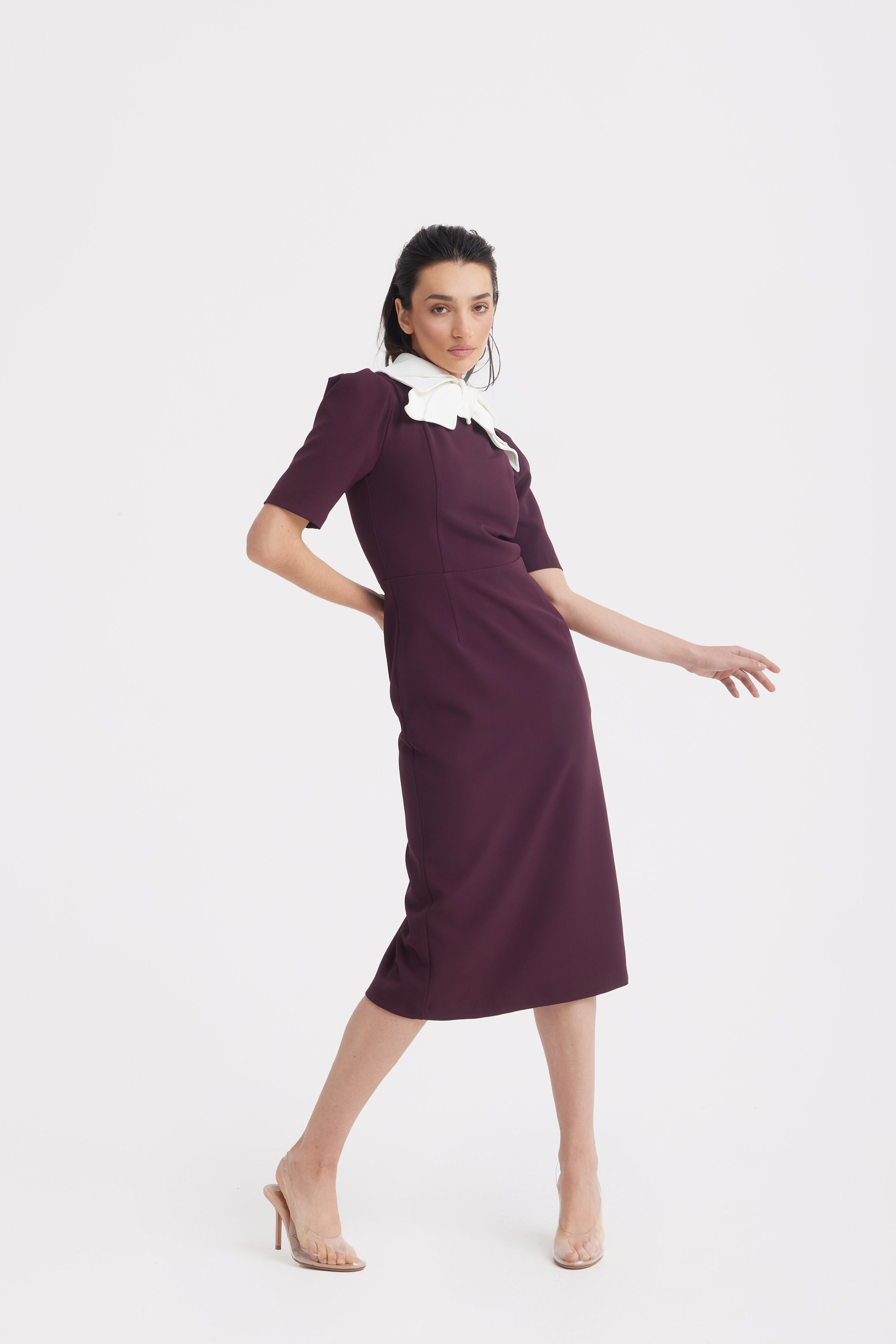 Elegant Midi Dress With Contrast Bow Collar | Burgundy