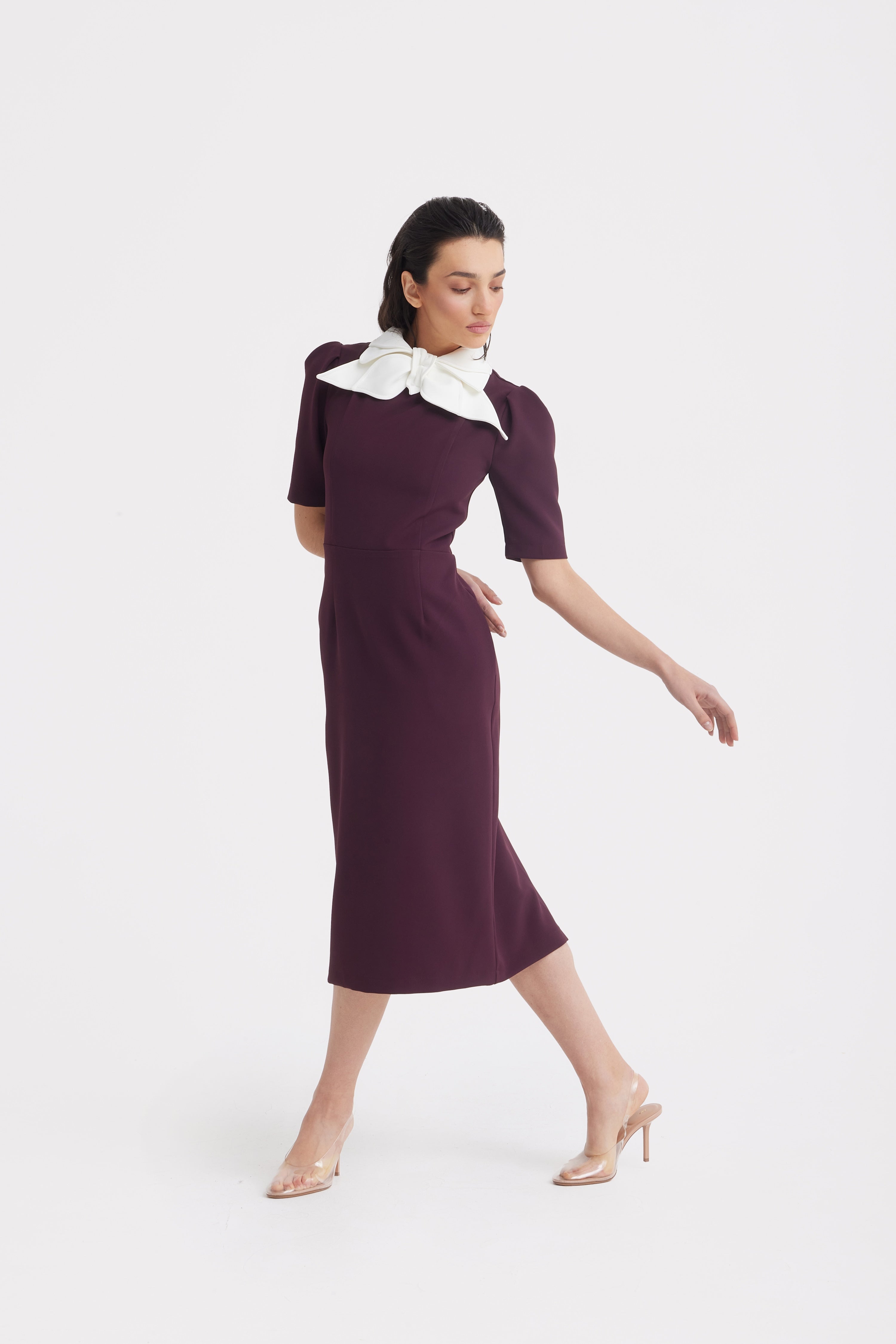 Elegant Midi Dress With Contrast Bow Collar | Burgundy