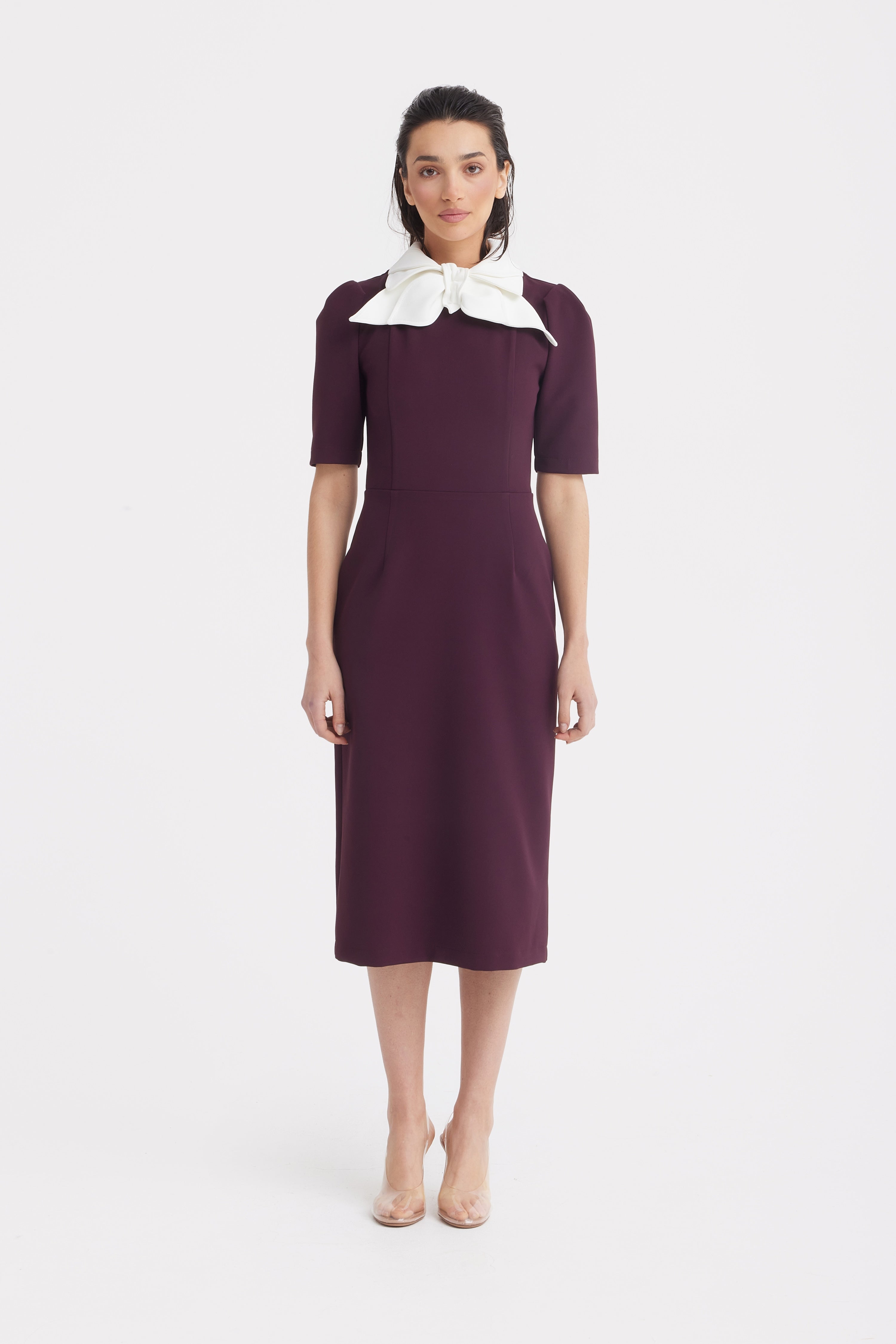 Elegant Midi Dress With Contrast Bow Collar | Burgundy