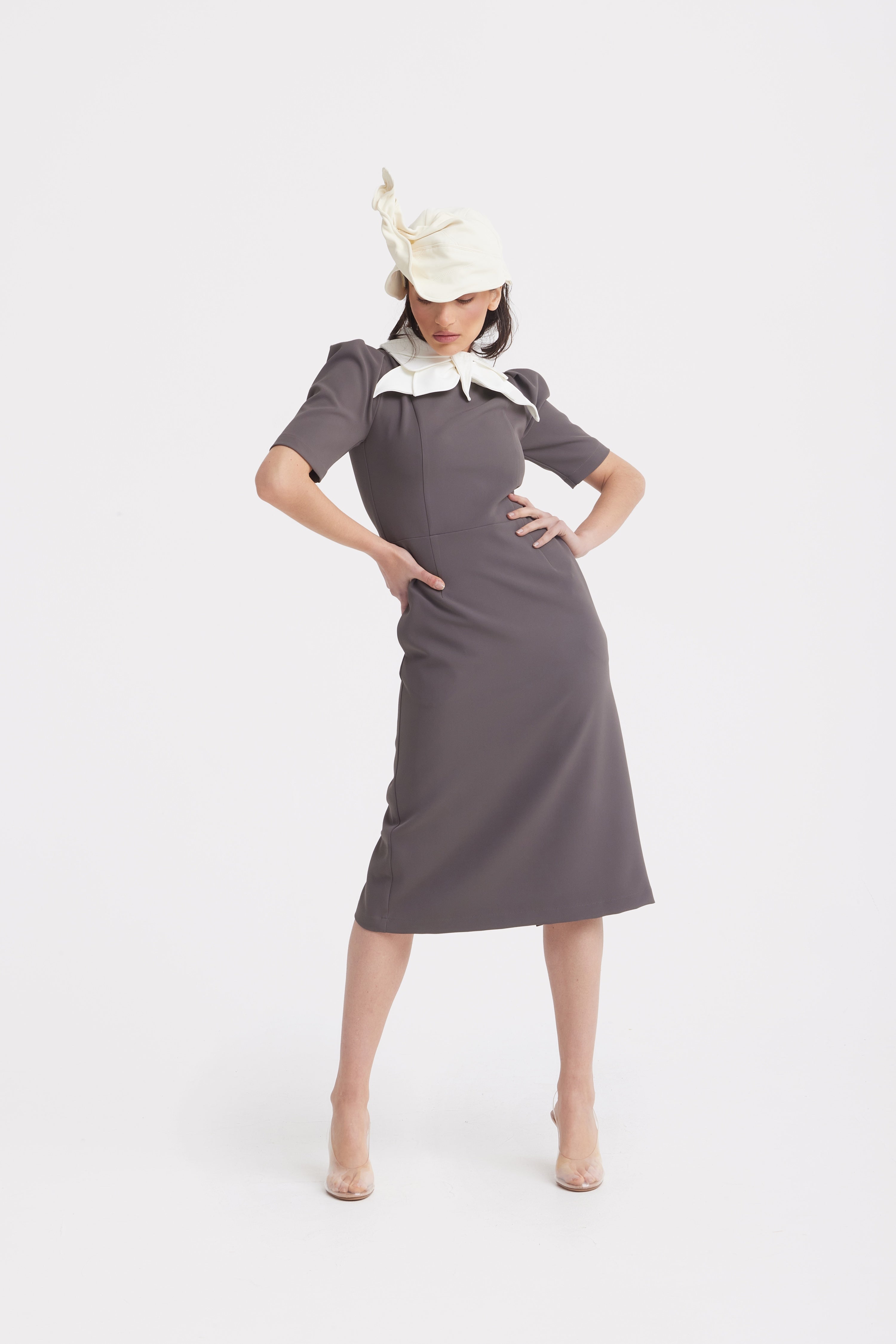 Elegant Midi Dress With Contrast Bow Collar | Taupe