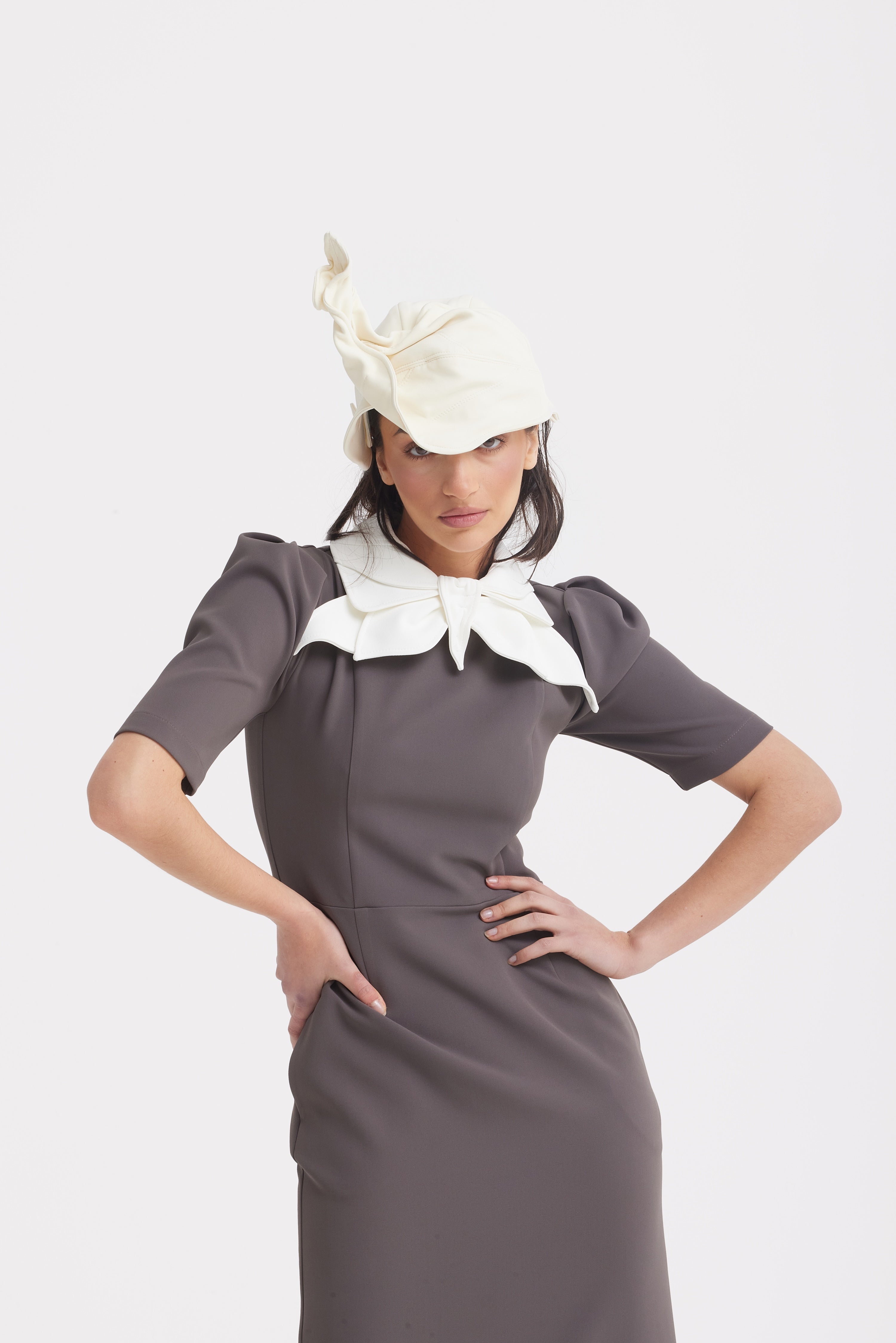 Elegant Midi Dress With Contrast Bow Collar | Taupe
