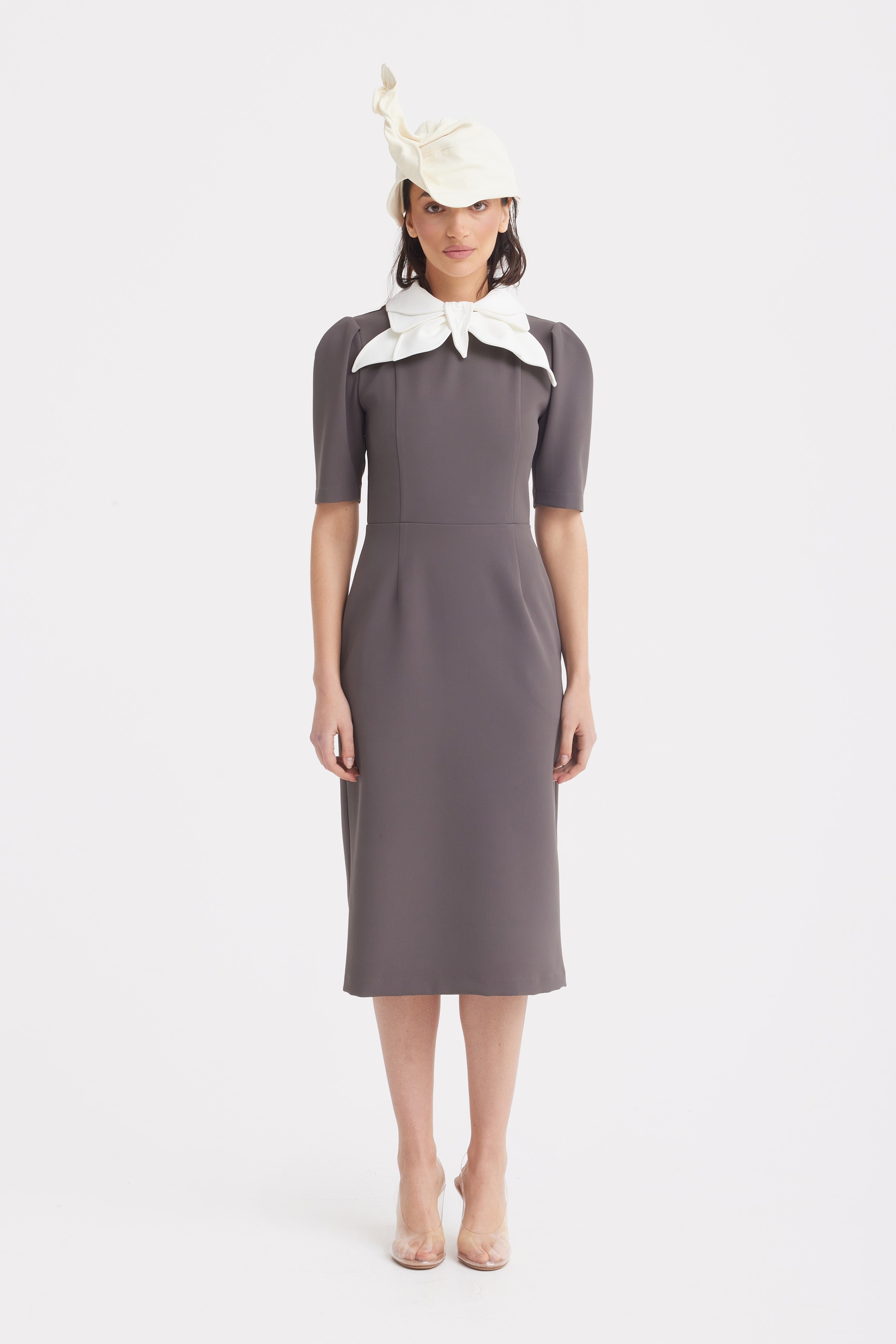 Elegant Midi Dress With Contrast Bow Collar | Taupe