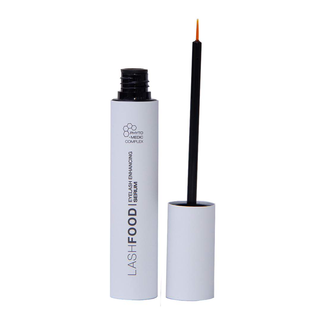 LashFood eyelash serum with applicator on a white background