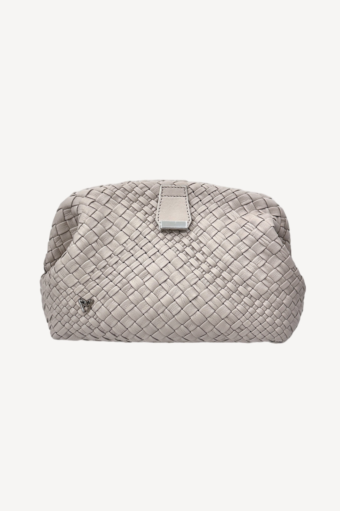 Gray woven handbag on a white background