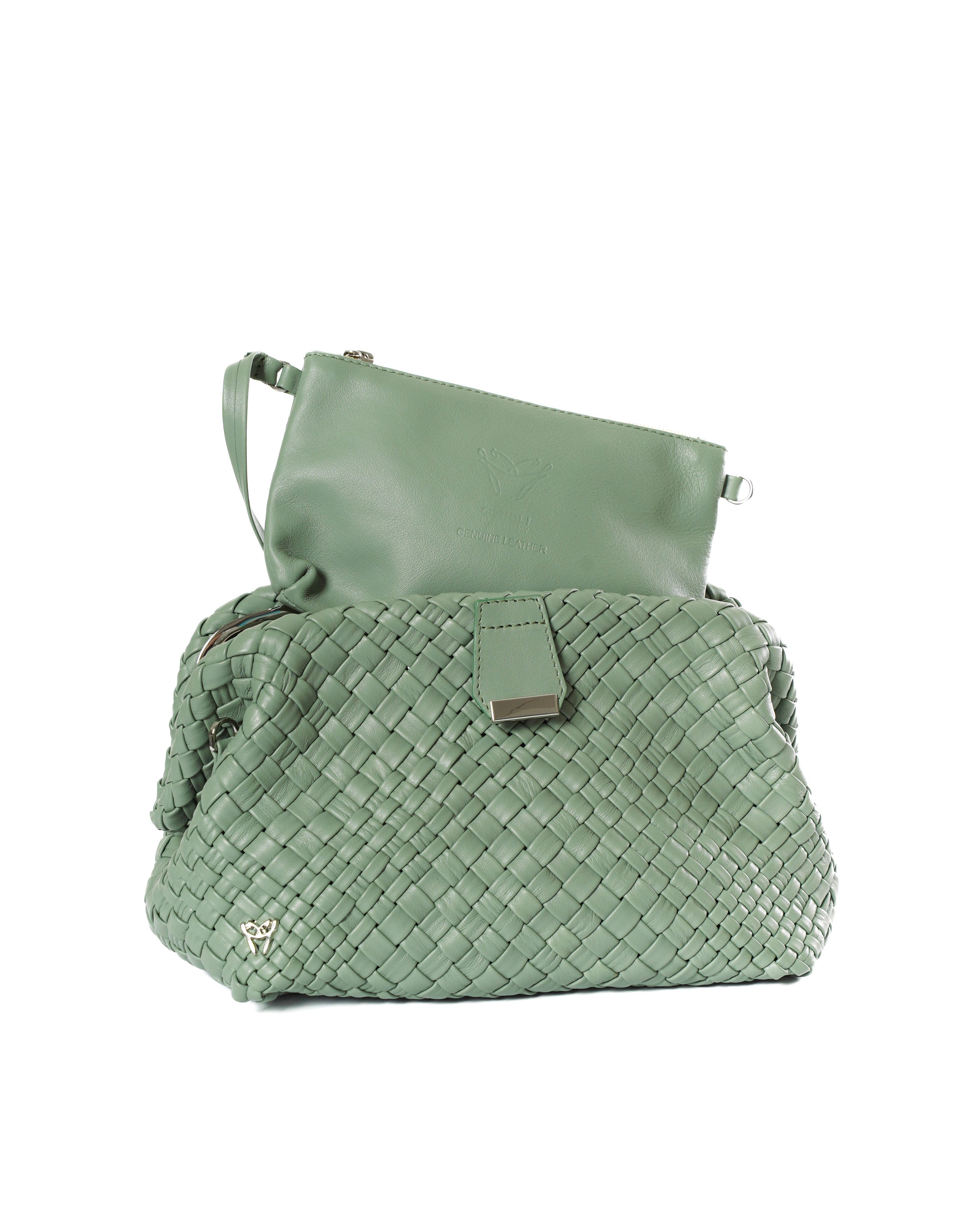 Green woven handbag on a white background