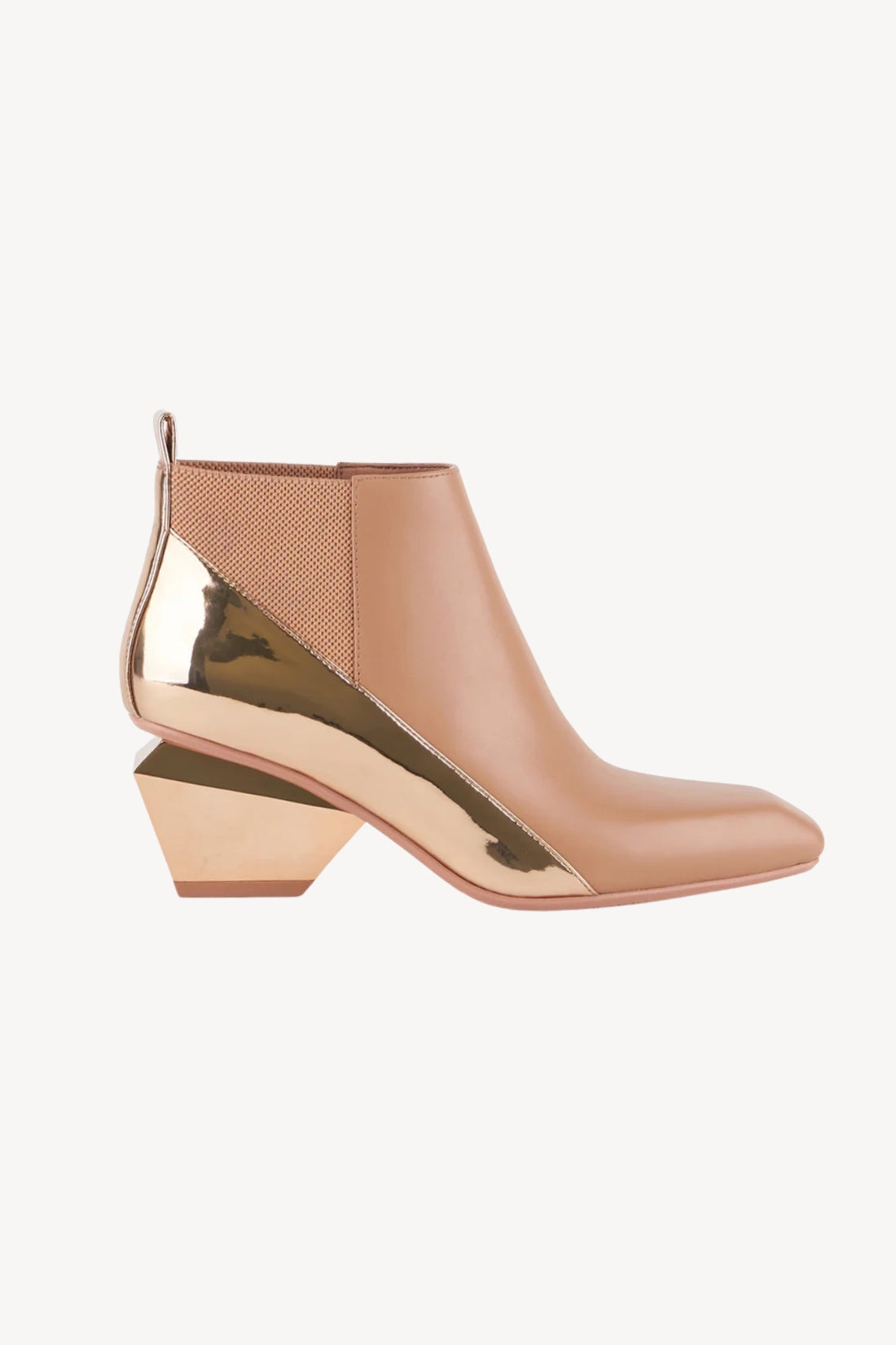 Tan ankle boot with rose gold metallic heel on a white background
