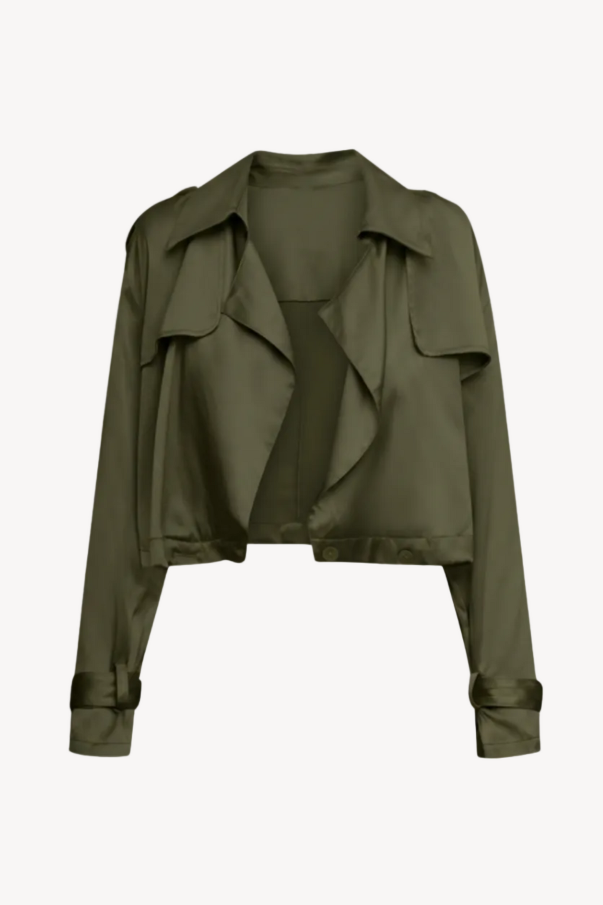 An olive green cropped silk jacket with a satin-like finish, featuring wide lapels, flap pockets, and rolled cuffs, displayed against a light gray background.