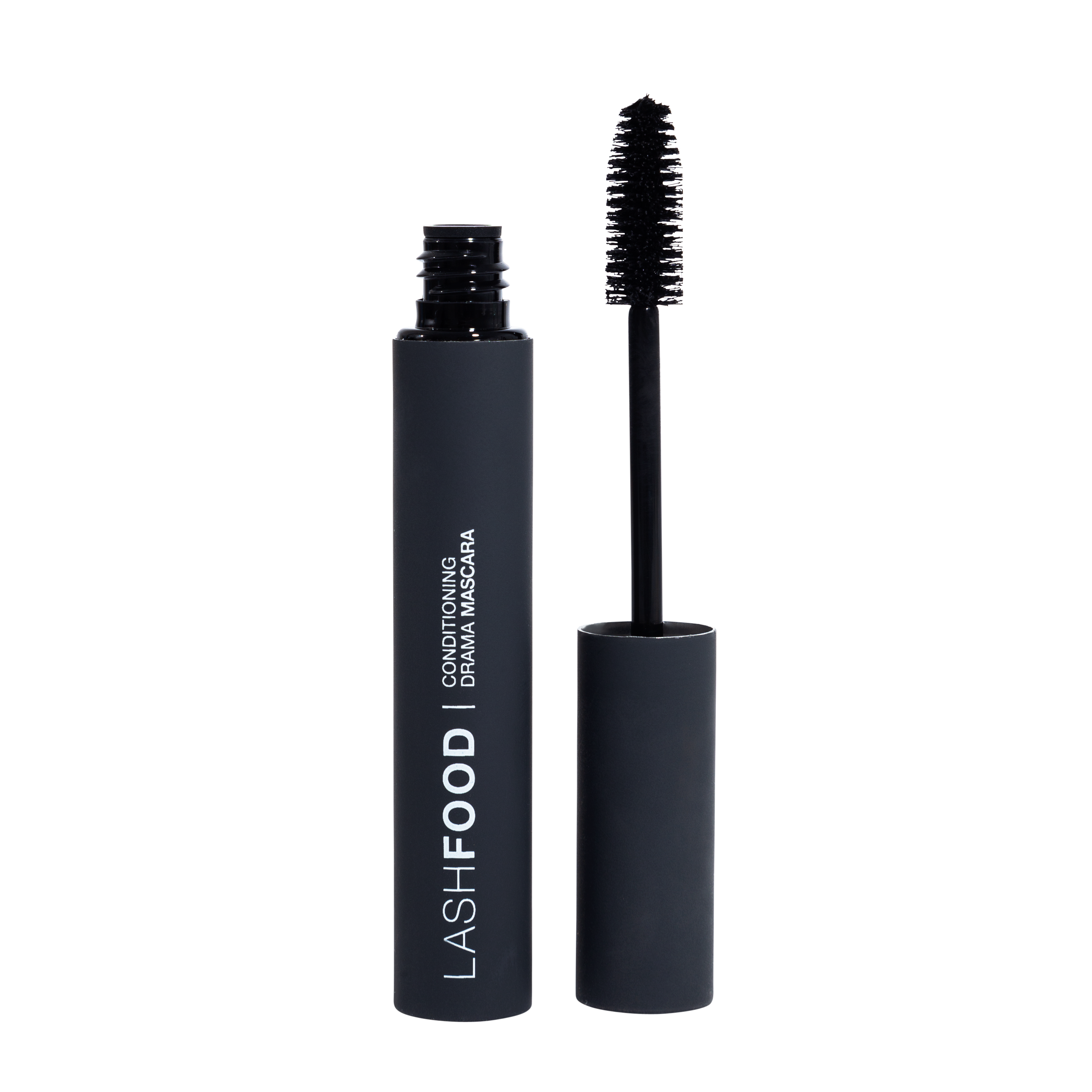 Black Lash Food mascara with brush on a white background, featuring the brand 'LashFood'.