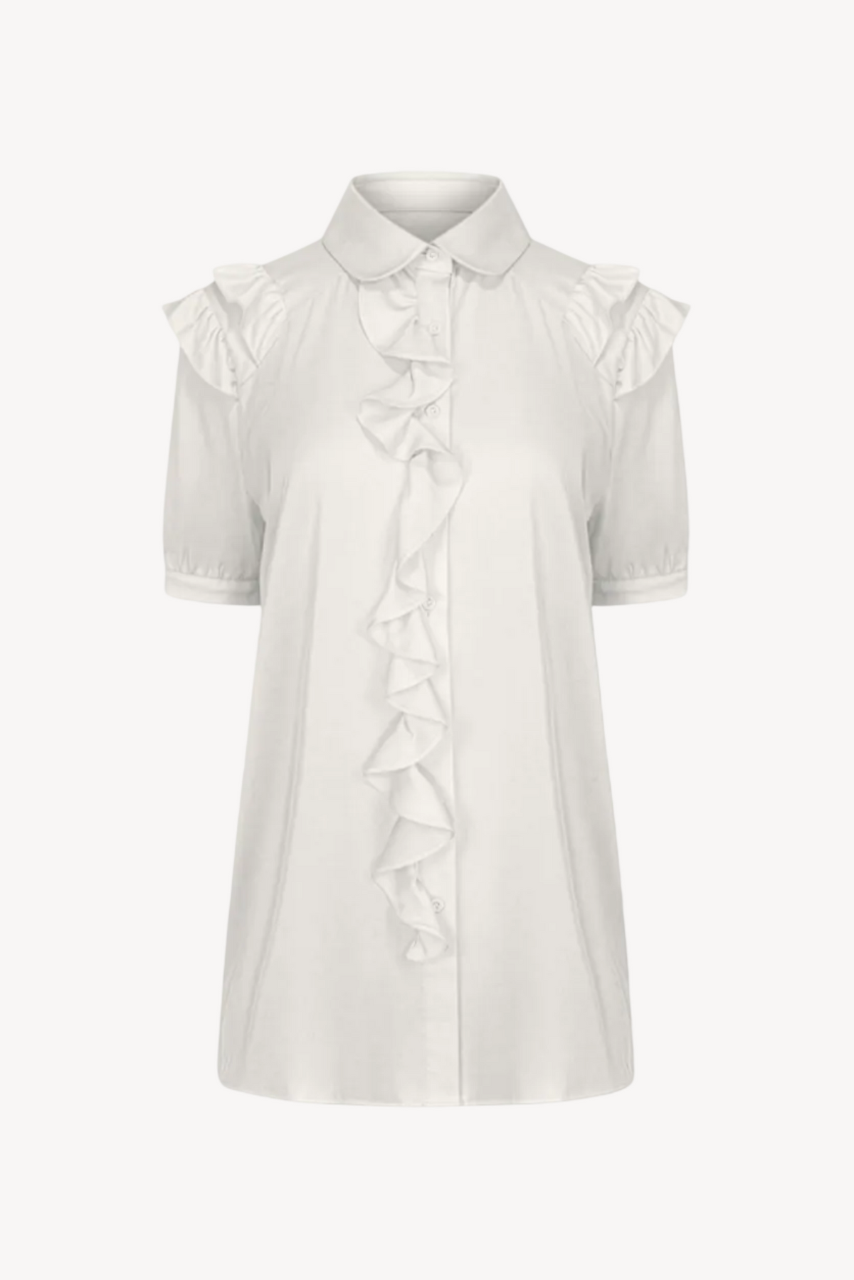 White blouse with ruffled sleeves on a light gray background