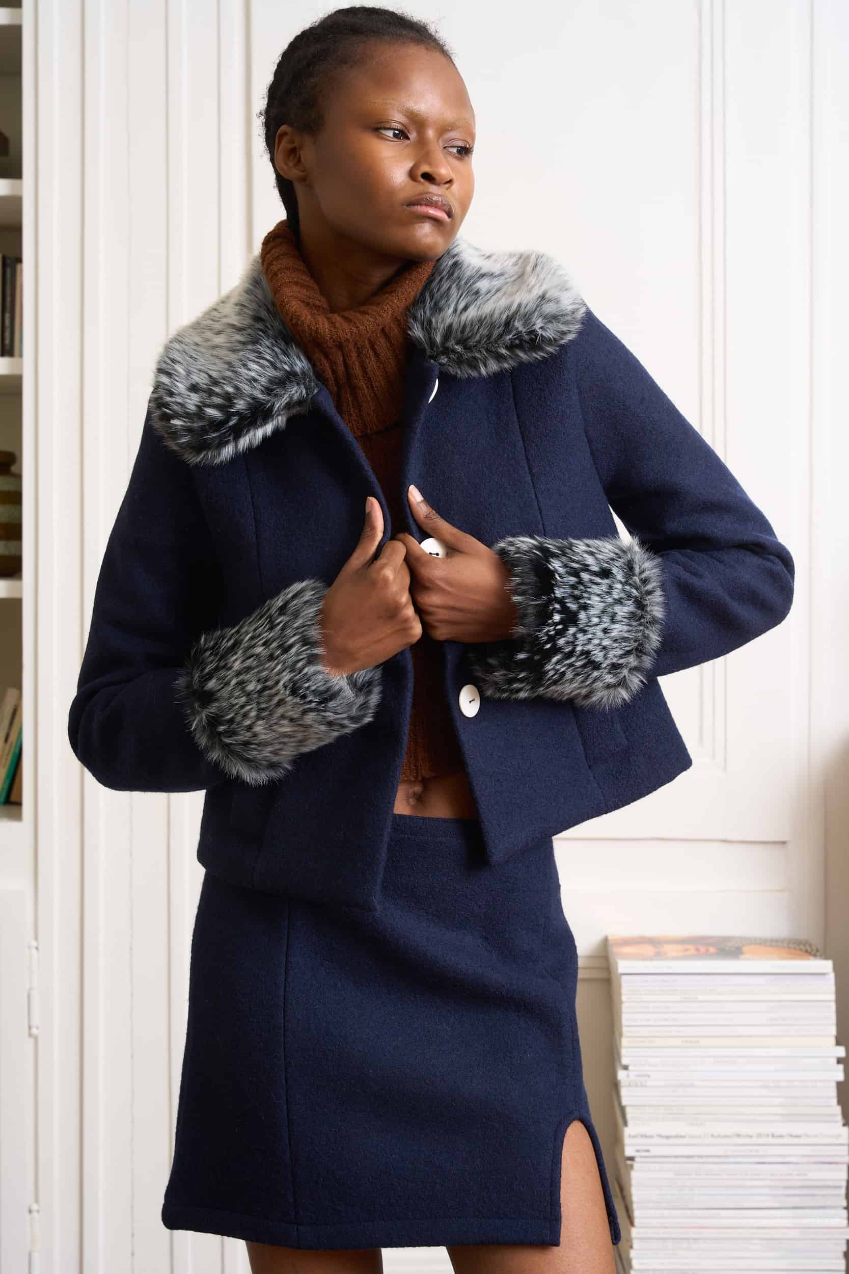 Navy Blue Wool jacket with grey Faux Fur Collar