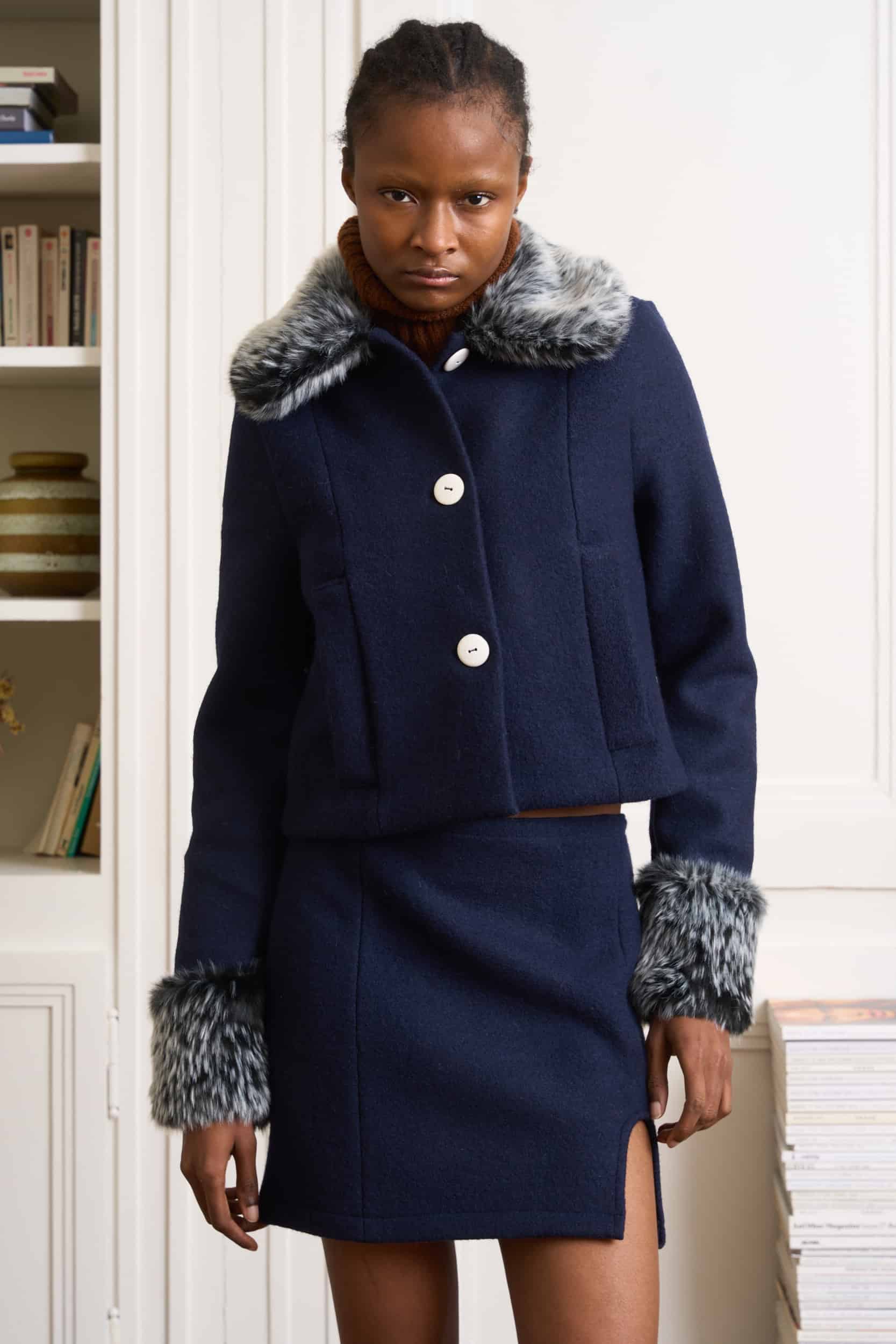 Navy Blue Wool jacket with grey Faux Fur Collar