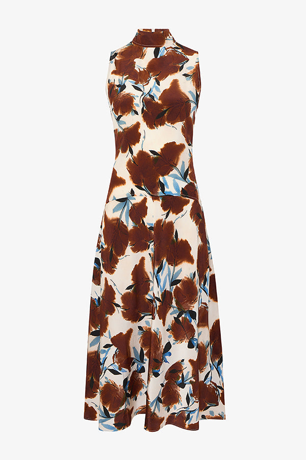 Floral patterned dress with brown and blue design on a white background | Exclude | Still
