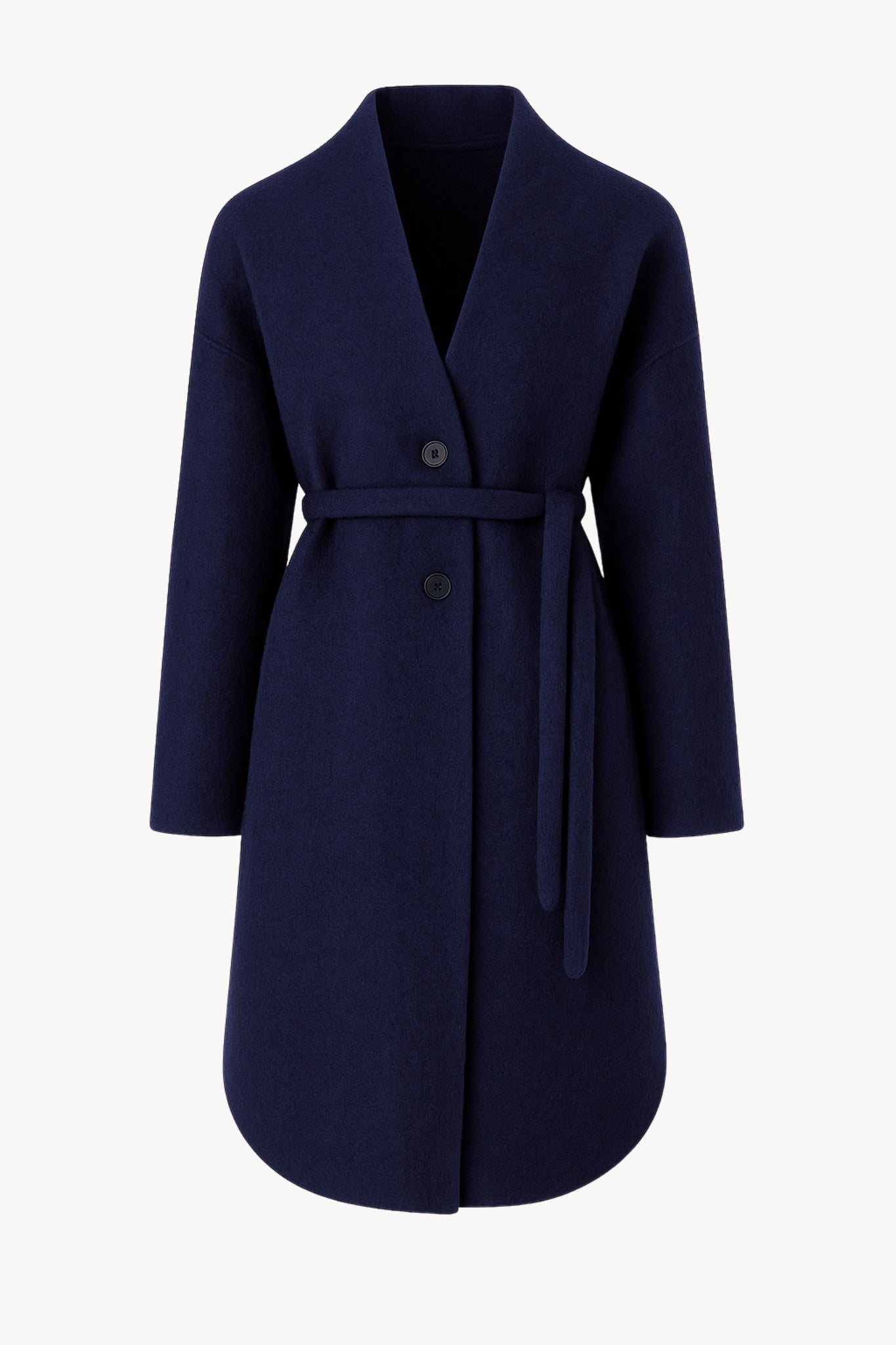 Navy blue coat with buttons and a belt on a white background