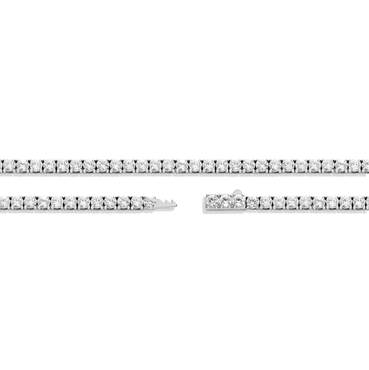 A close-up studio shot of a silver tennis bracelet with round-cut clear stones, showing the front view, end cap, and clasp detail against a white background.