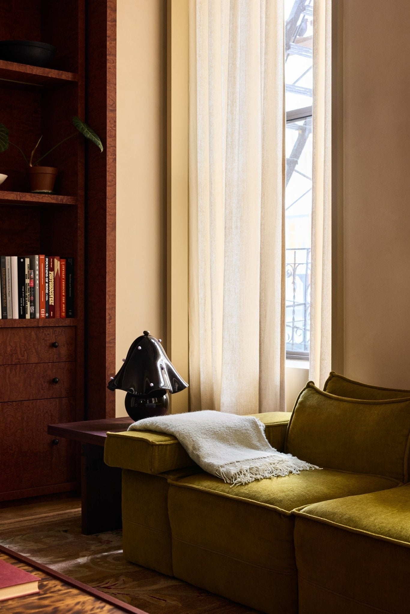 Living room with a green sofa, bookshelf, and large window with curtains.